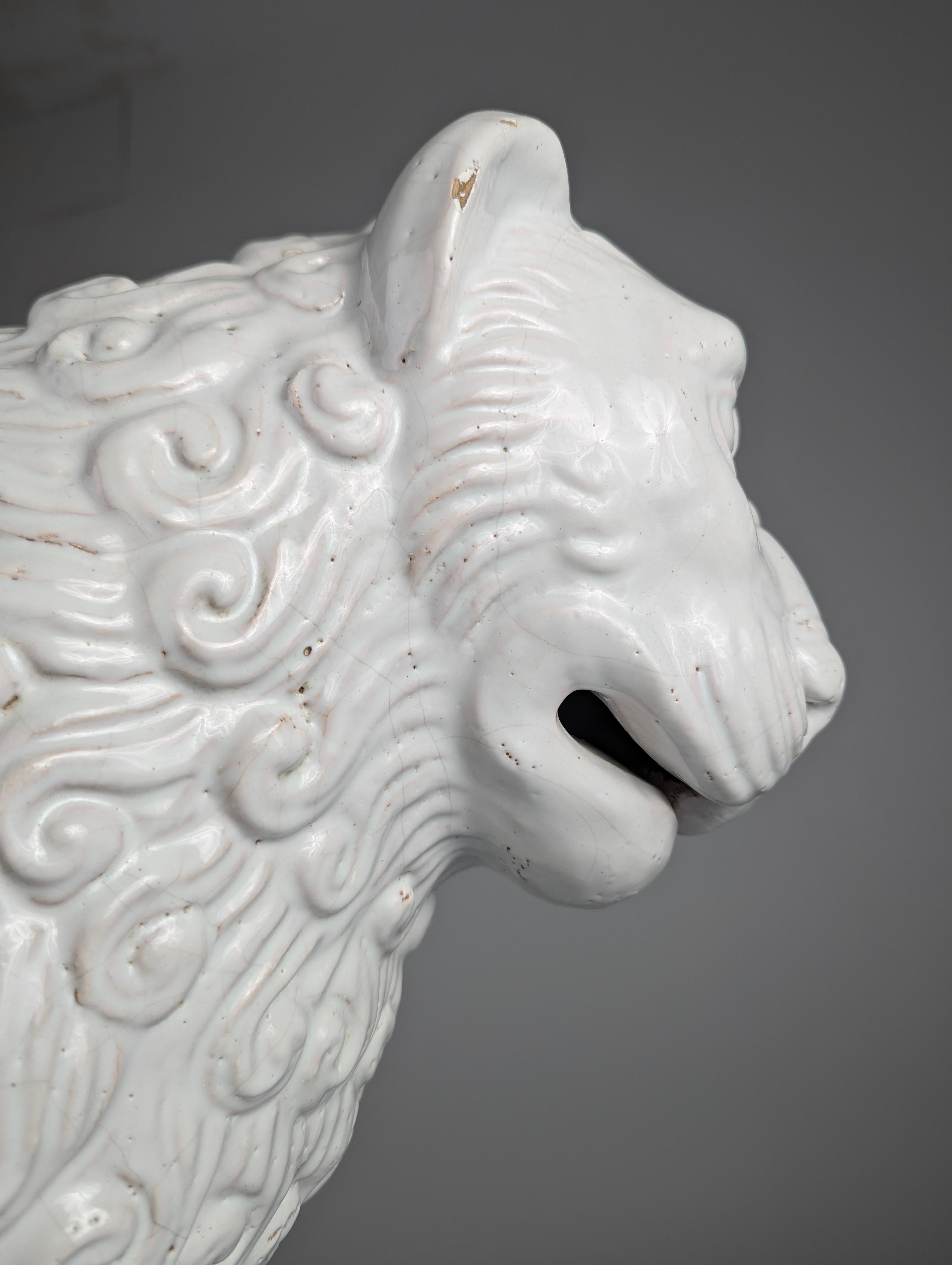 Large Lion Sculpture in Glazed Terracotta, Romanesque Style, Early 20th Century For Sale 3