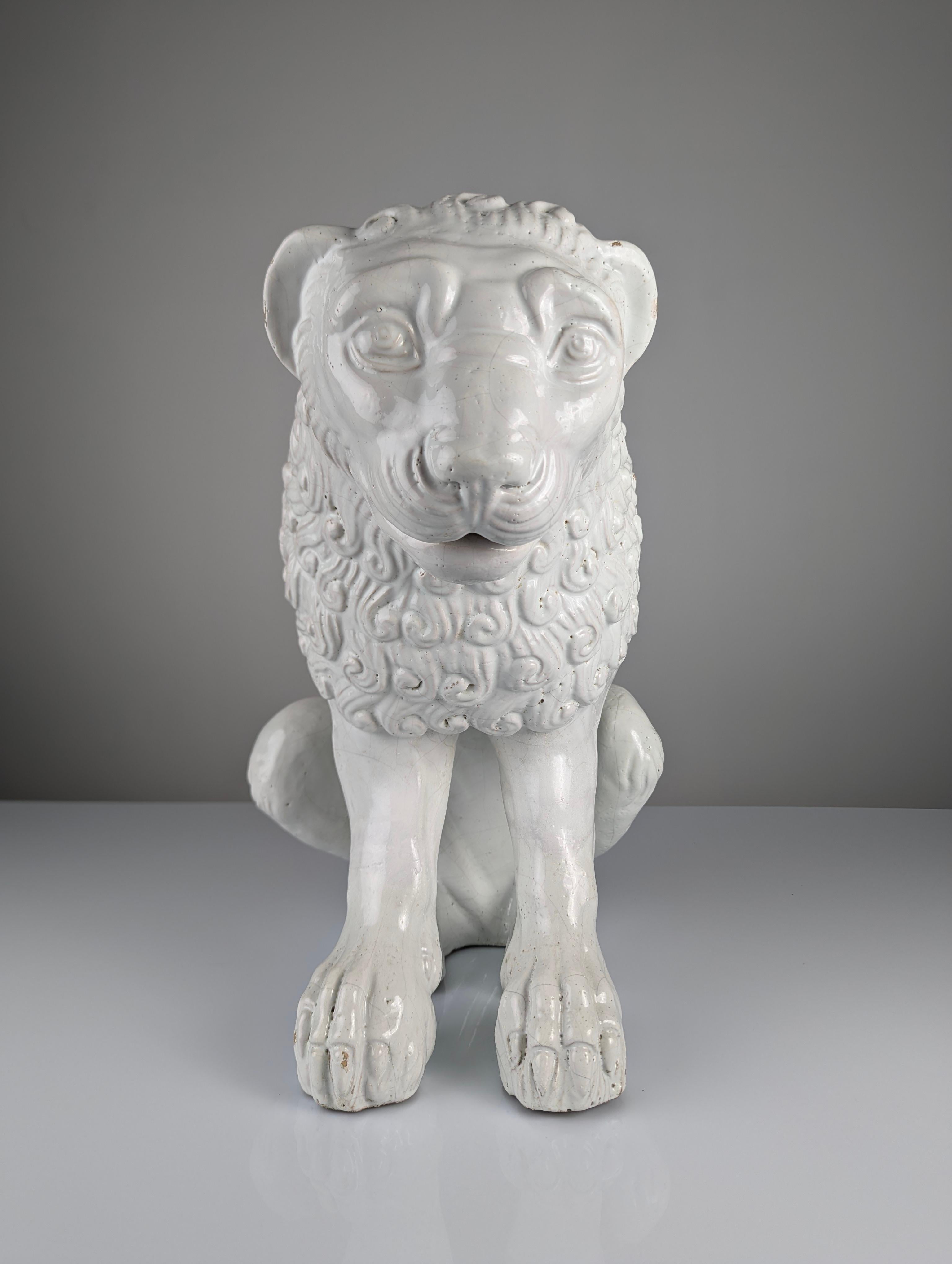 Large Lion Sculpture in Glazed Terracotta, Romanesque Style, Early 20th Century For Sale 2