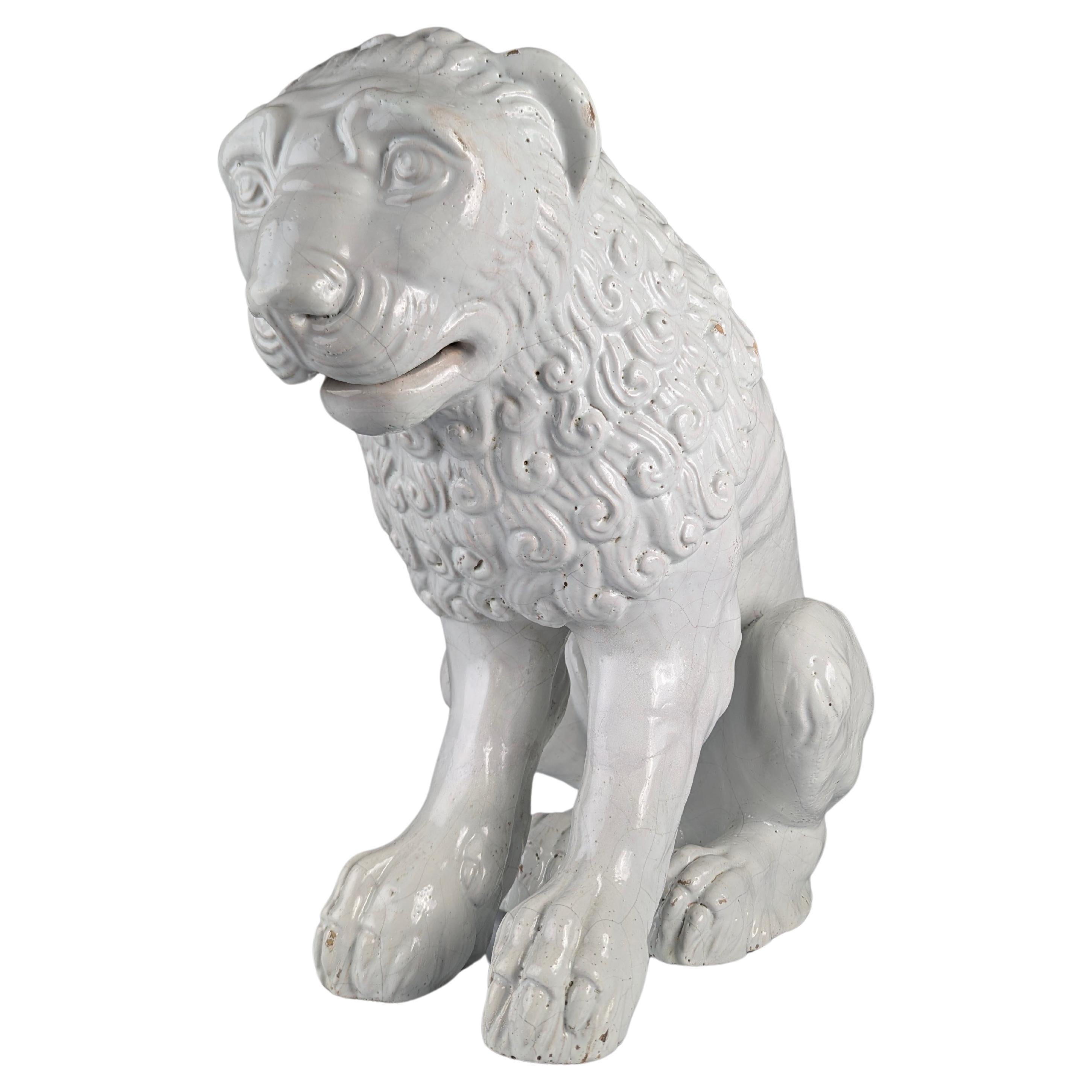 Large Lion Sculpture in Glazed Terracotta, Romanesque Style, Early 20th Century