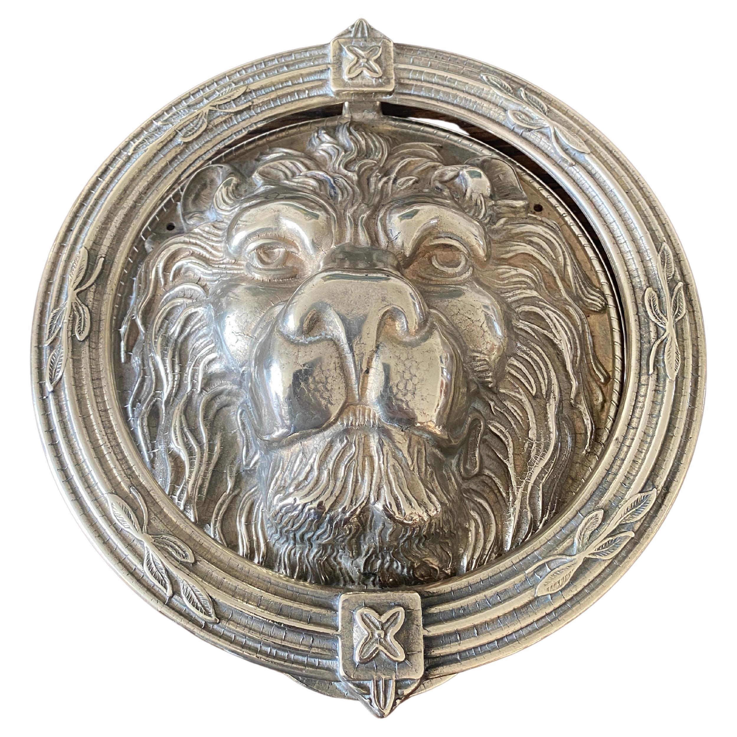 Cast Large Lion's Head Door Knocker In Brass, England