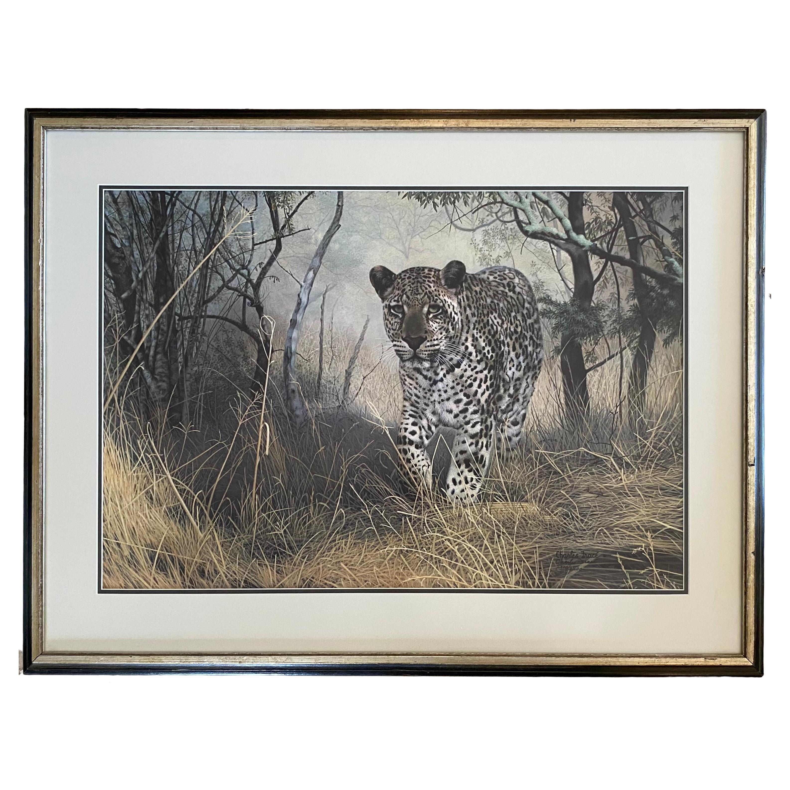 Large Charles Fracé Lithograph titled "Lone Hunter", African Leopard Certified For Sale