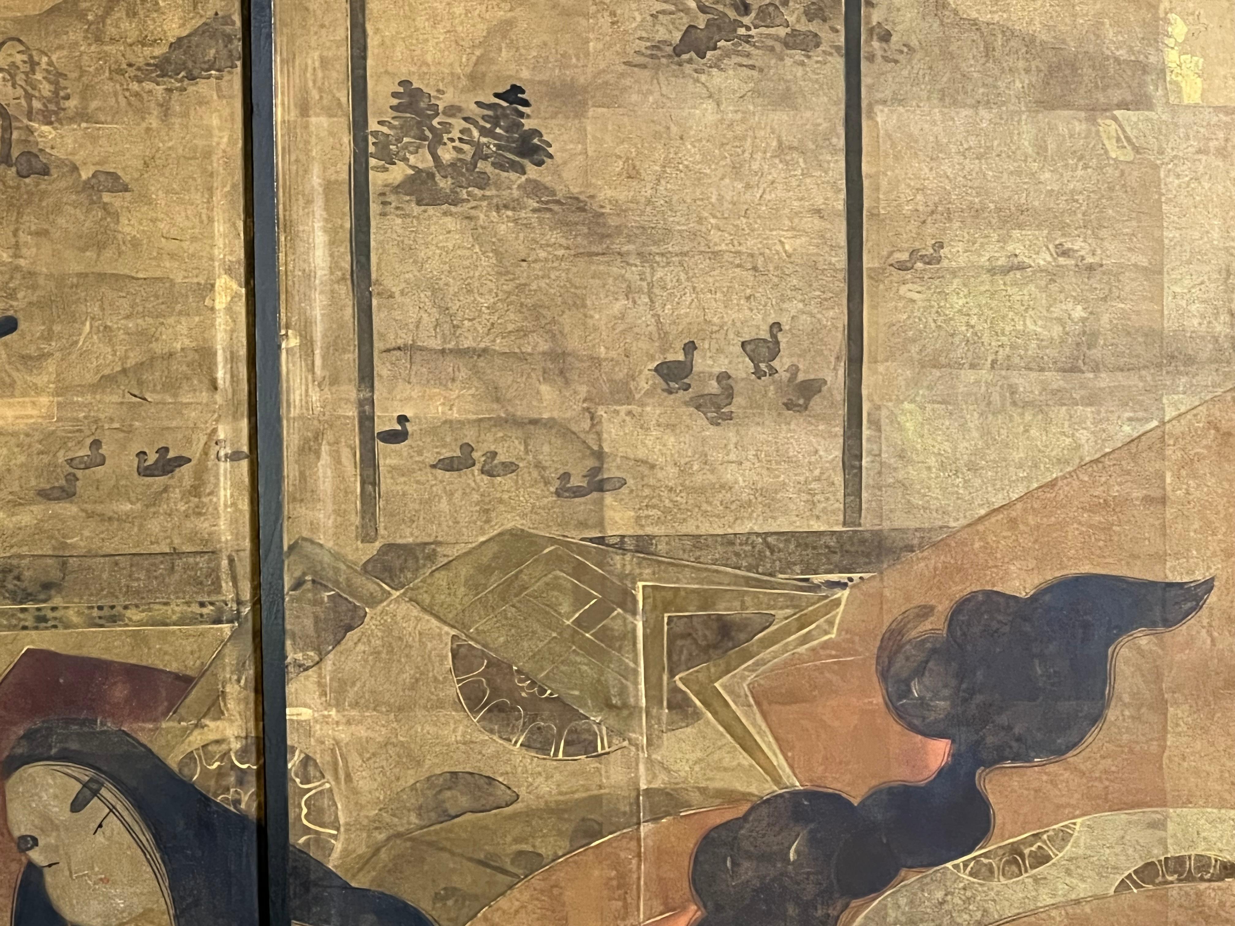 XIXe siècle Grande peinture d'une scène japonaise d'après le conte de Genji en vente