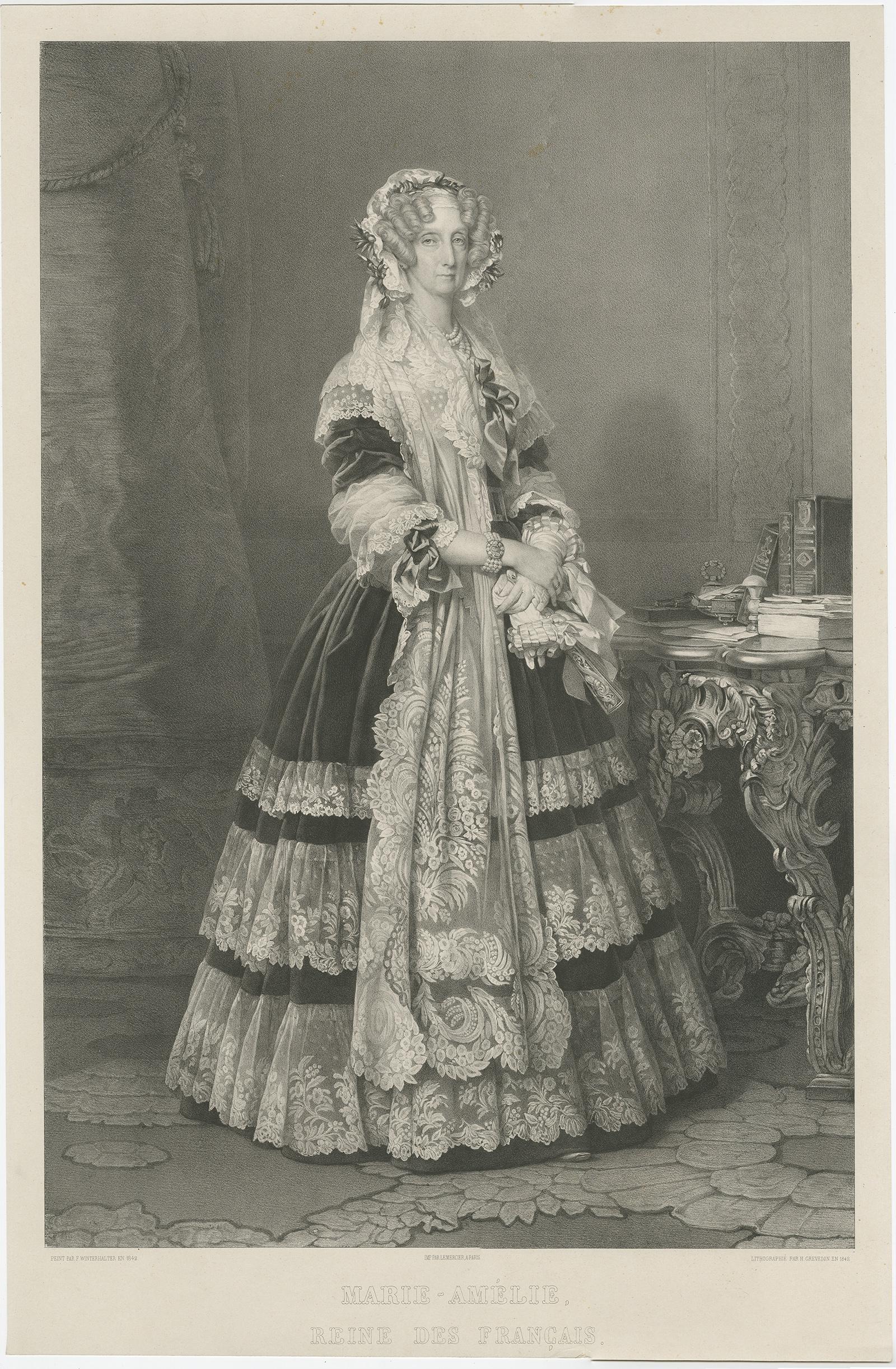 Antique print titled 'Marie-Amélie, Reine des Francais'. 

Large lithograph of Marie Amelia of Naples and Sicily, Queen of the French. Whole length with hair in ringlets, lace bonnet, gown, and lace veil. The Queen is pictured standing beside a