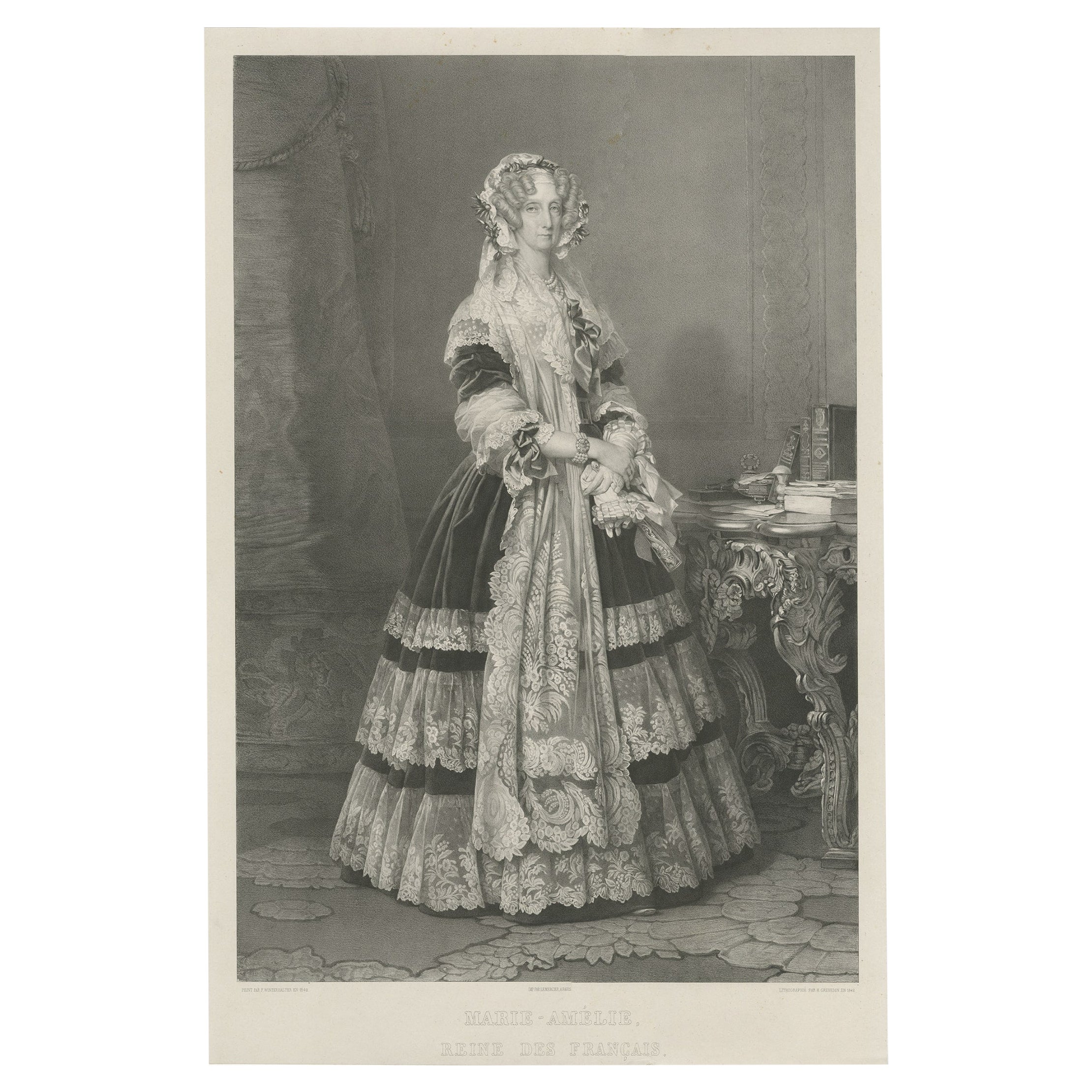 Large Lithograph of Marie Amelia of Naples and Sicily, Queen of the French, 1842