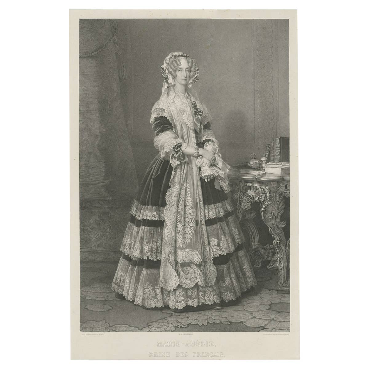 Large Lithograph of Marie Amelia of Naples and Sicily, Queen of the French, 1842