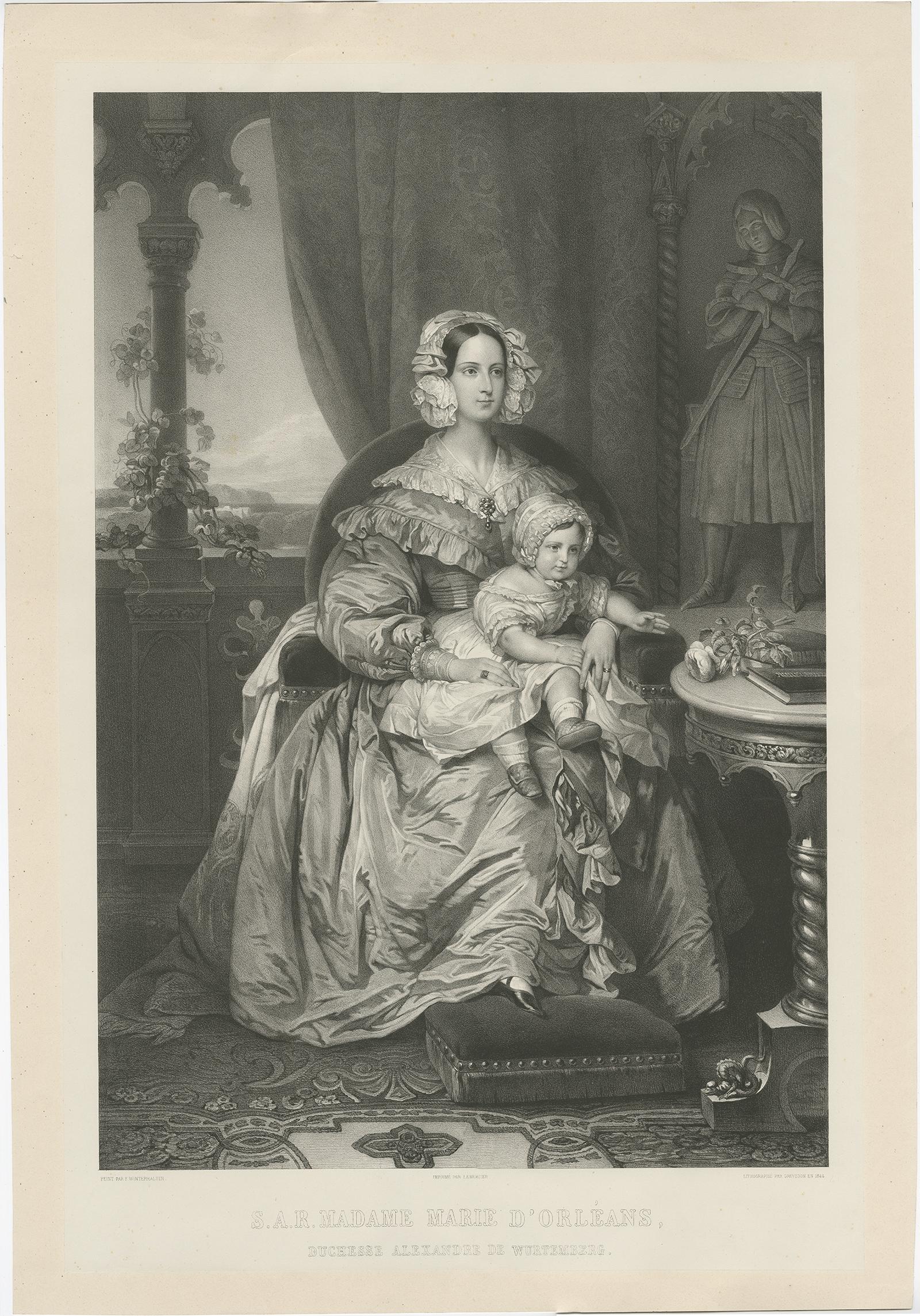 Antique print titled 'S.A.R. Madame Marie d'Orléans, Duchesse Alexandre de Wurtemberg'. 

Large lithograph of Princess Marie of Orleans, Duchess of Württemberg with her son, Philipp, Duke of Württemberg. Whole length figures: the Duchess with