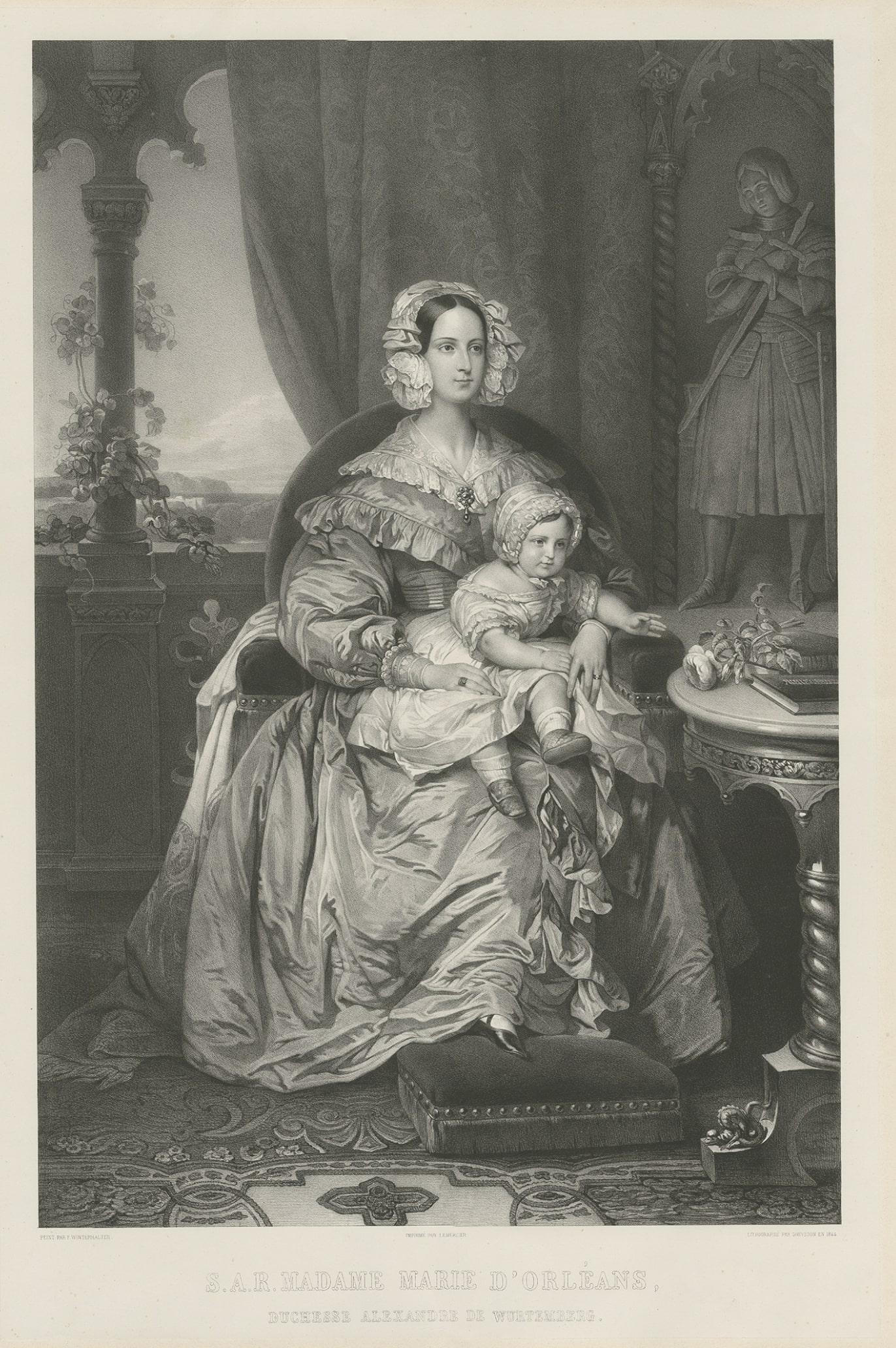 Large Lithograph of Princess Marie of Orleans, Duchess of Württember, 1844 In Good Condition For Sale In Langweer, NL