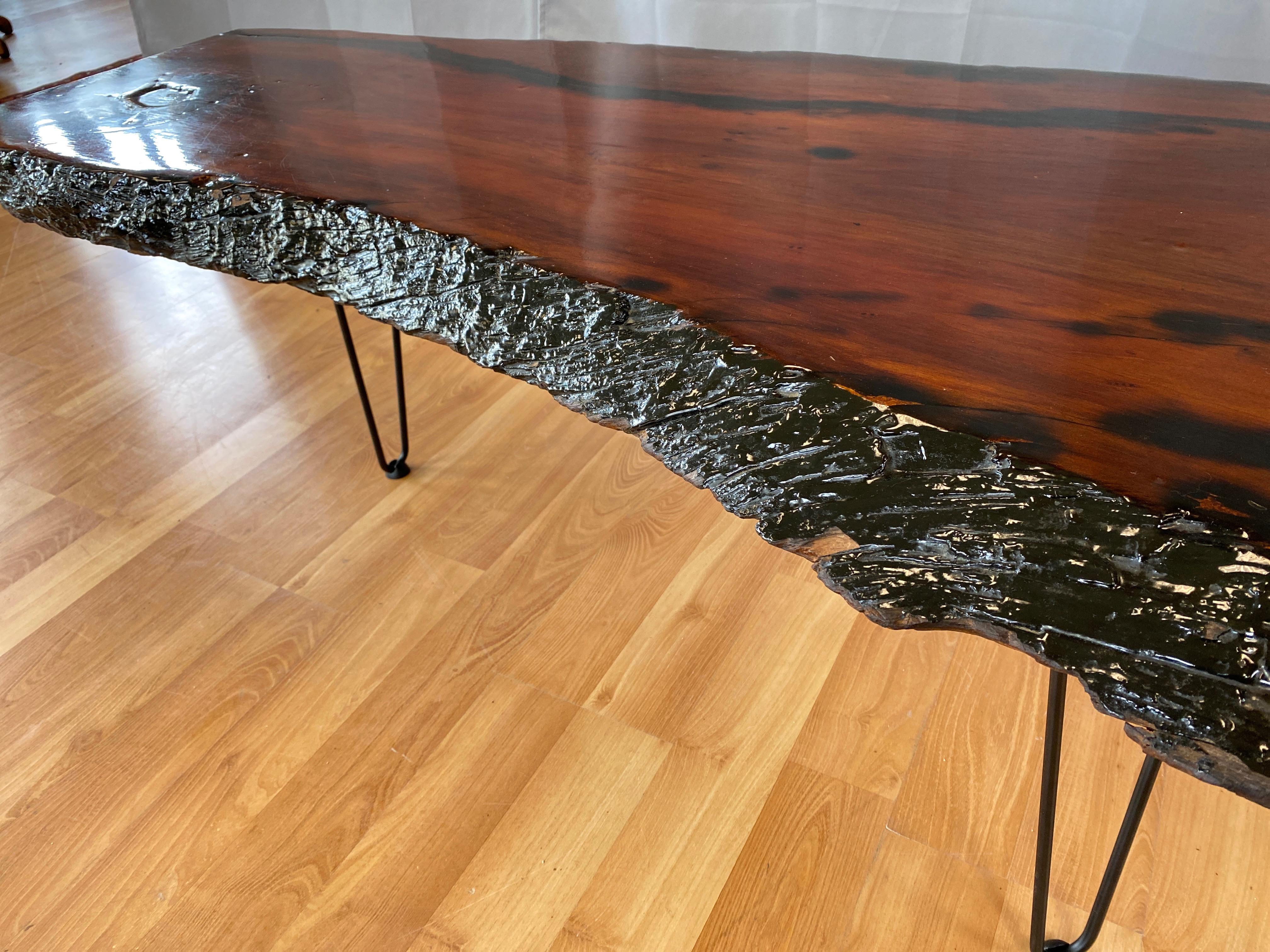 Late 20th Century Large Live Edge Redwood Slab Coffee Table on Hairpin Legs, 1970s