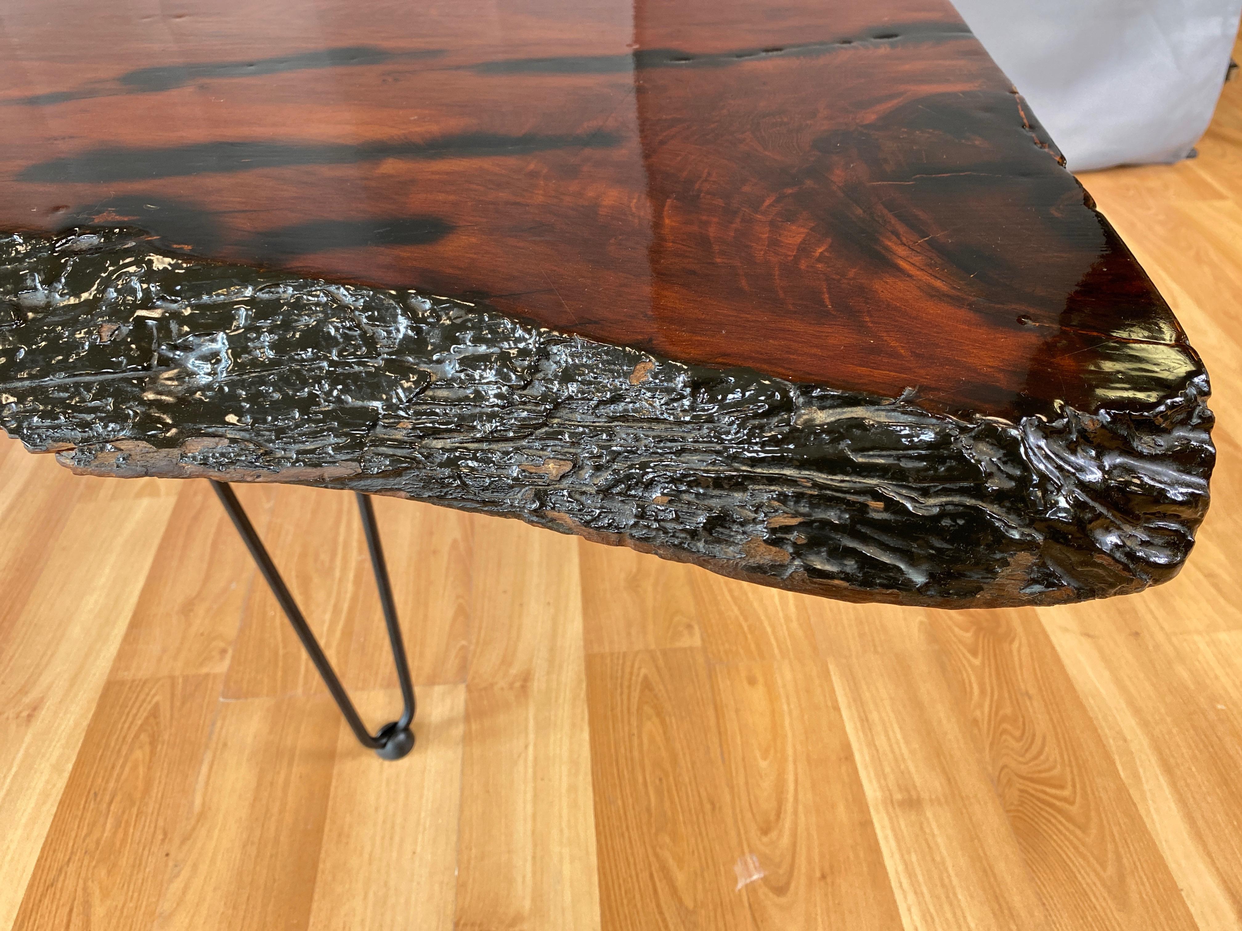 Metal Large Live Edge Redwood Slab Coffee Table on Hairpin Legs, 1970s