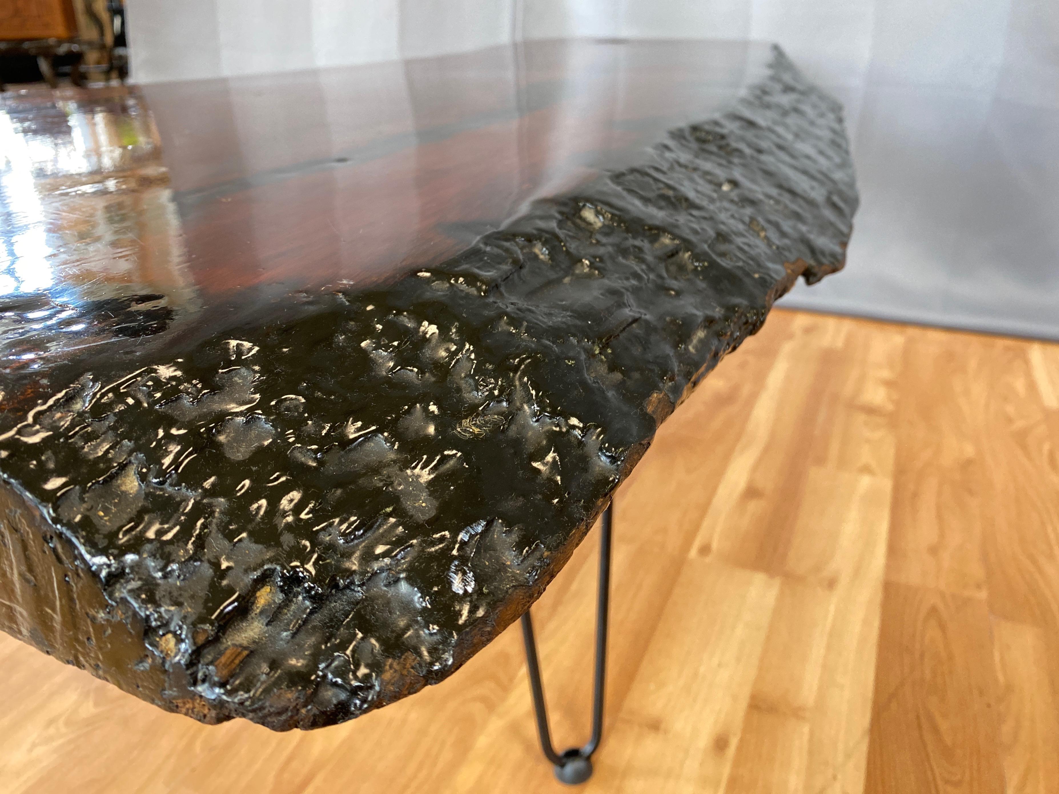 Large Live Edge Redwood Slab Coffee Table on Hairpin Legs, 1970s 3