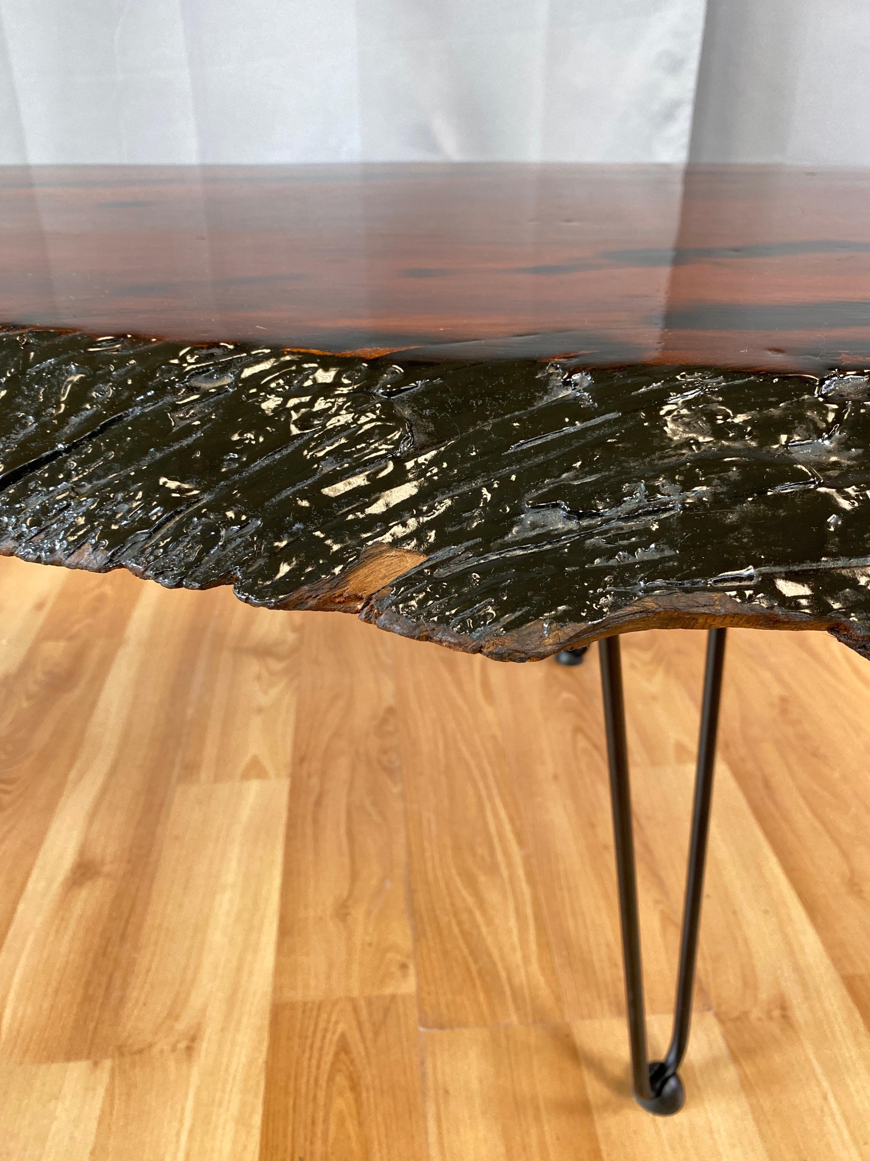 Large Live Edge Redwood Slab Coffee Table on Hairpin Legs, 1970s 4