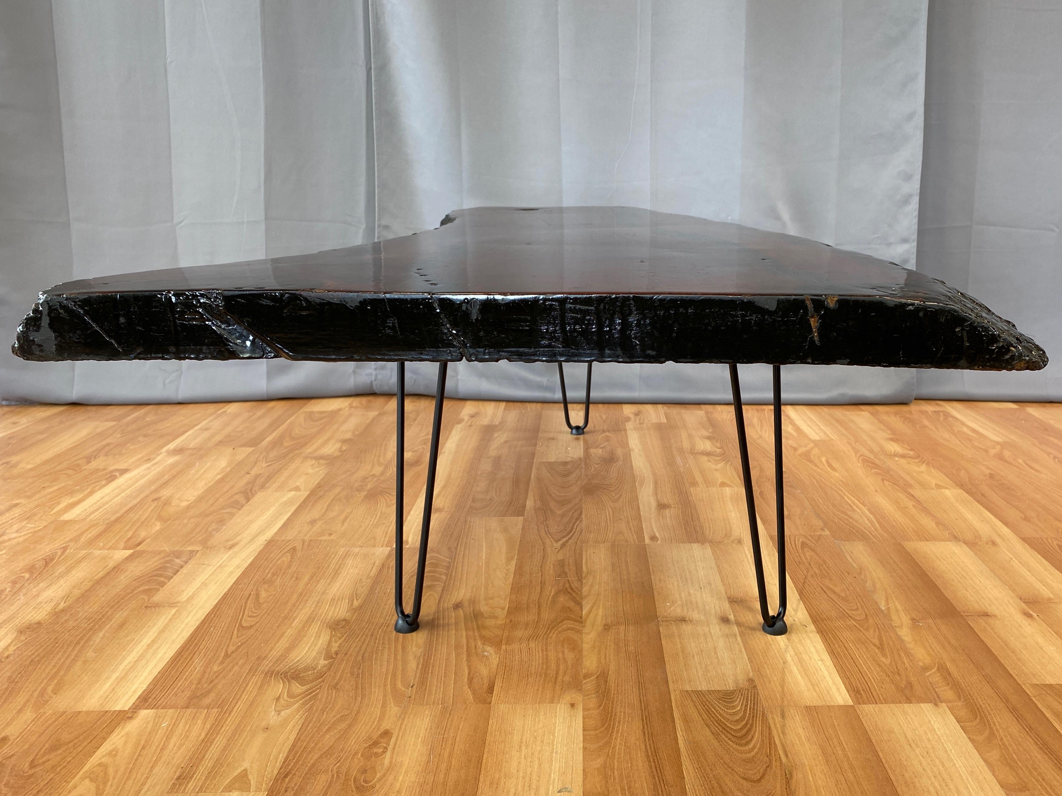 American Large Live Edge Redwood Slab Coffee Table on Hairpin Legs, 1970s