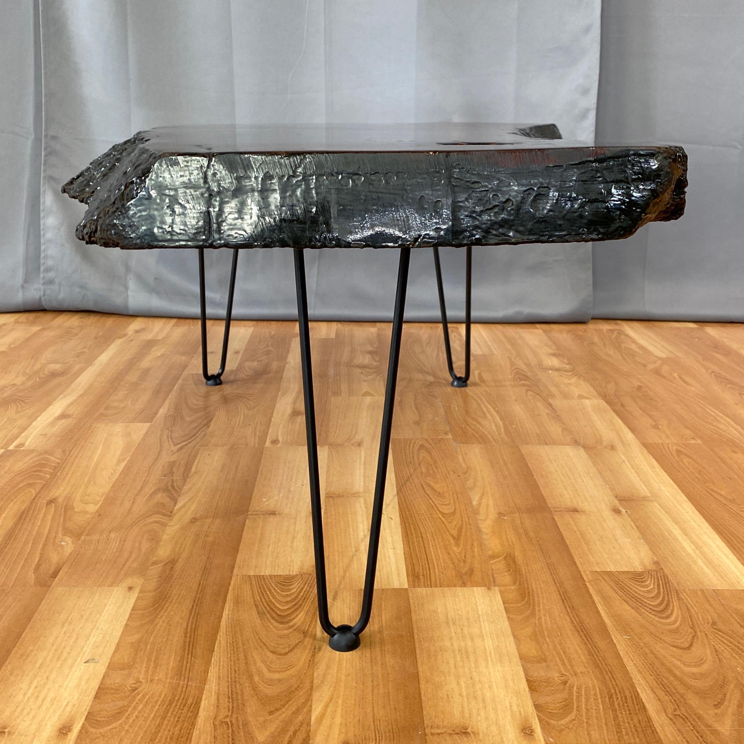 Enameled Large Live Edge Redwood Slab Coffee Table on Hairpin Legs, 1970s