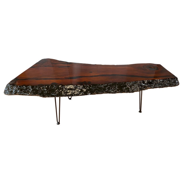 Large Live Edge Redwood Slab Coffee Table on Hairpin Legs, 1970s at