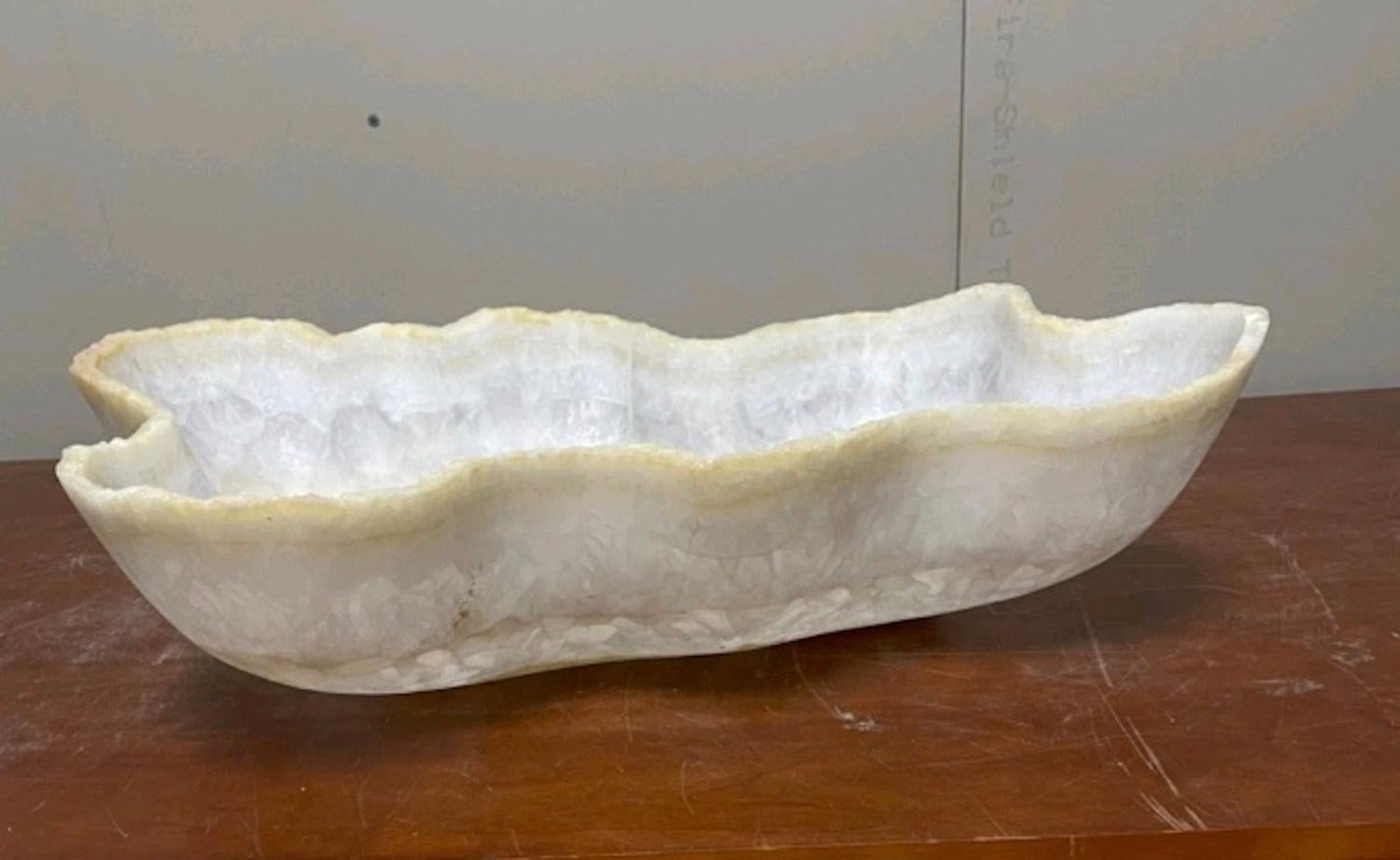 Post-Modern Large Live Edge White and Ivory Hand Carved Onyx Bowl or Centerpiece