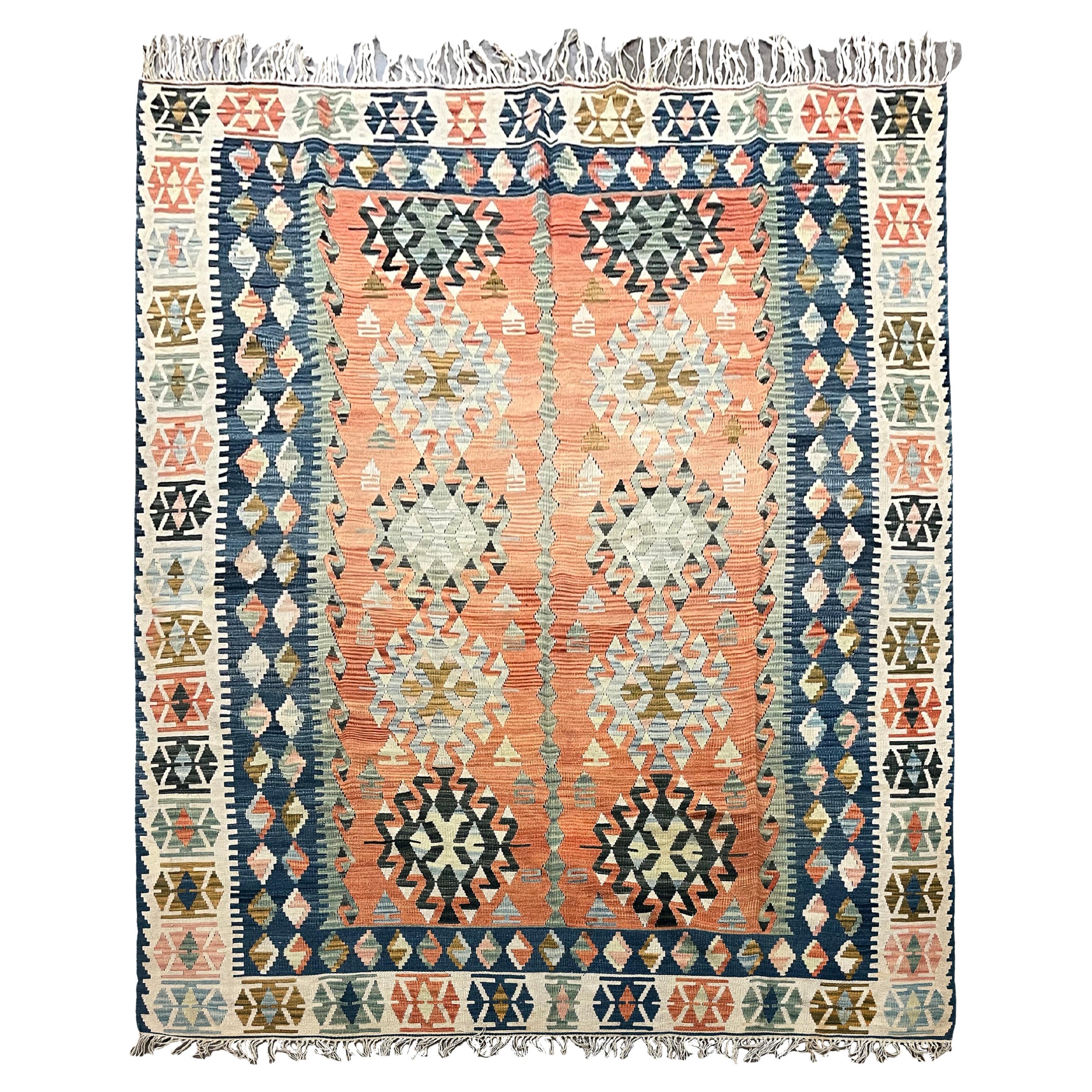 Large Living Room Vintage Kilim Rug, Handmade Geometric Wool Flatweave Carpet