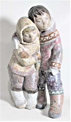 Large Lladro Yupik or Inuit Boy and Girl Affectionately Embracing Figurine