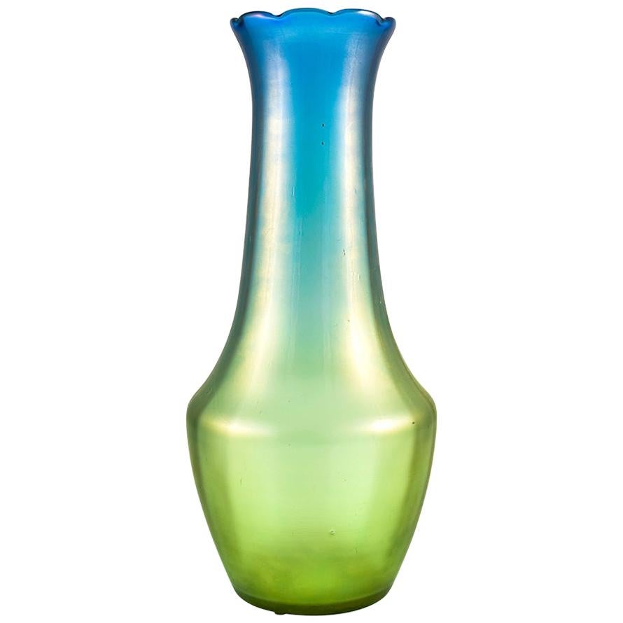 Large Loetz Glass Vase Austrian Jugendstil circa 1902 Blue Green Iridescent For Sale