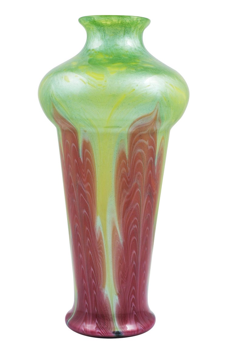 The Titania decors range amongst the most extravagant and difficult genres ever produced by Loetz. Glasses in this variant always proved to be a challenge for the executing craftsmen, and every vase is unique in its execution.
This vase excels in a