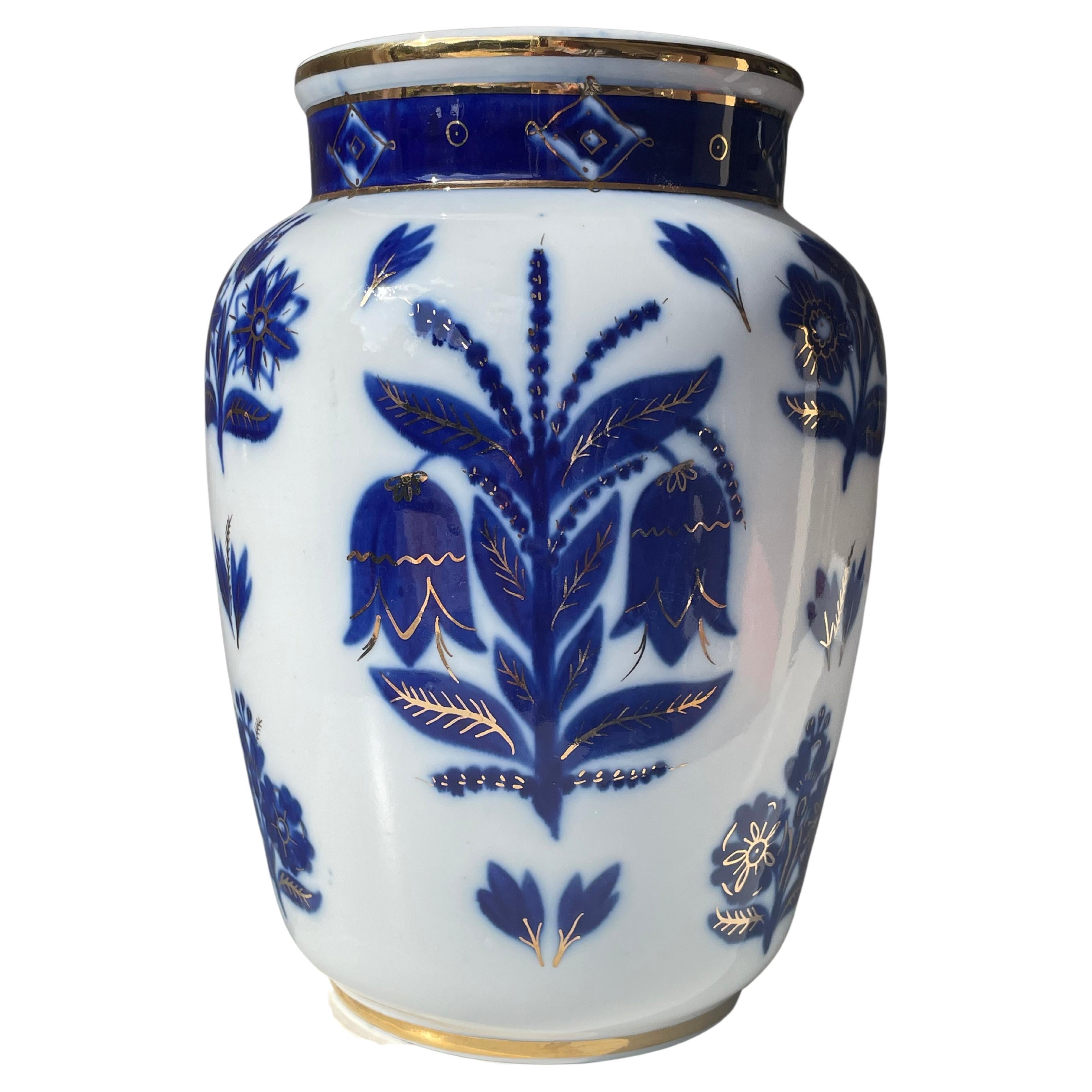 Large Lomonosov 22K Gold, Blue, White Porcelain Vase, USSR, 1950s For Sale