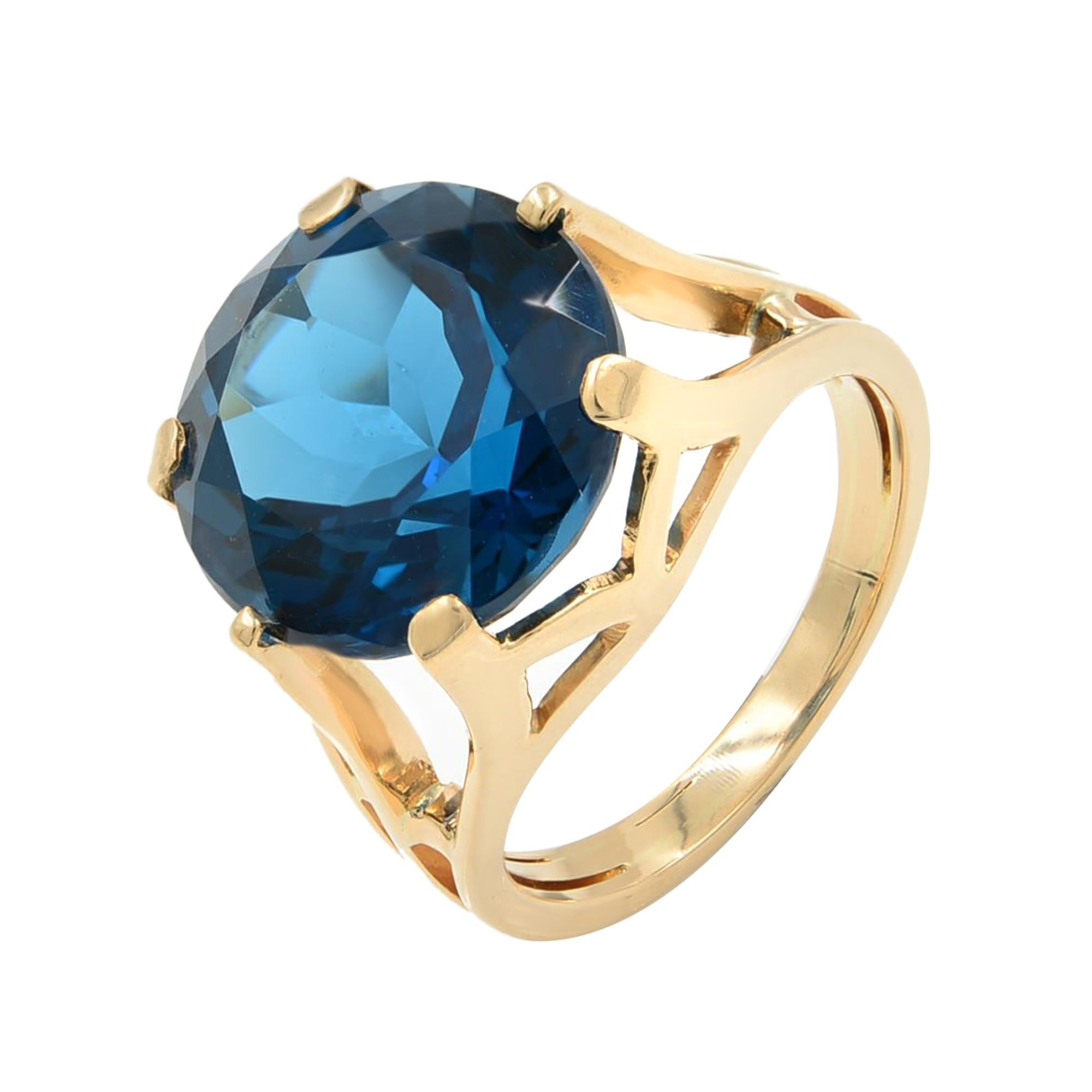 Round Cut Large London Blue Topaz 8.5 Carat Ring 14 Karat Rose Gold