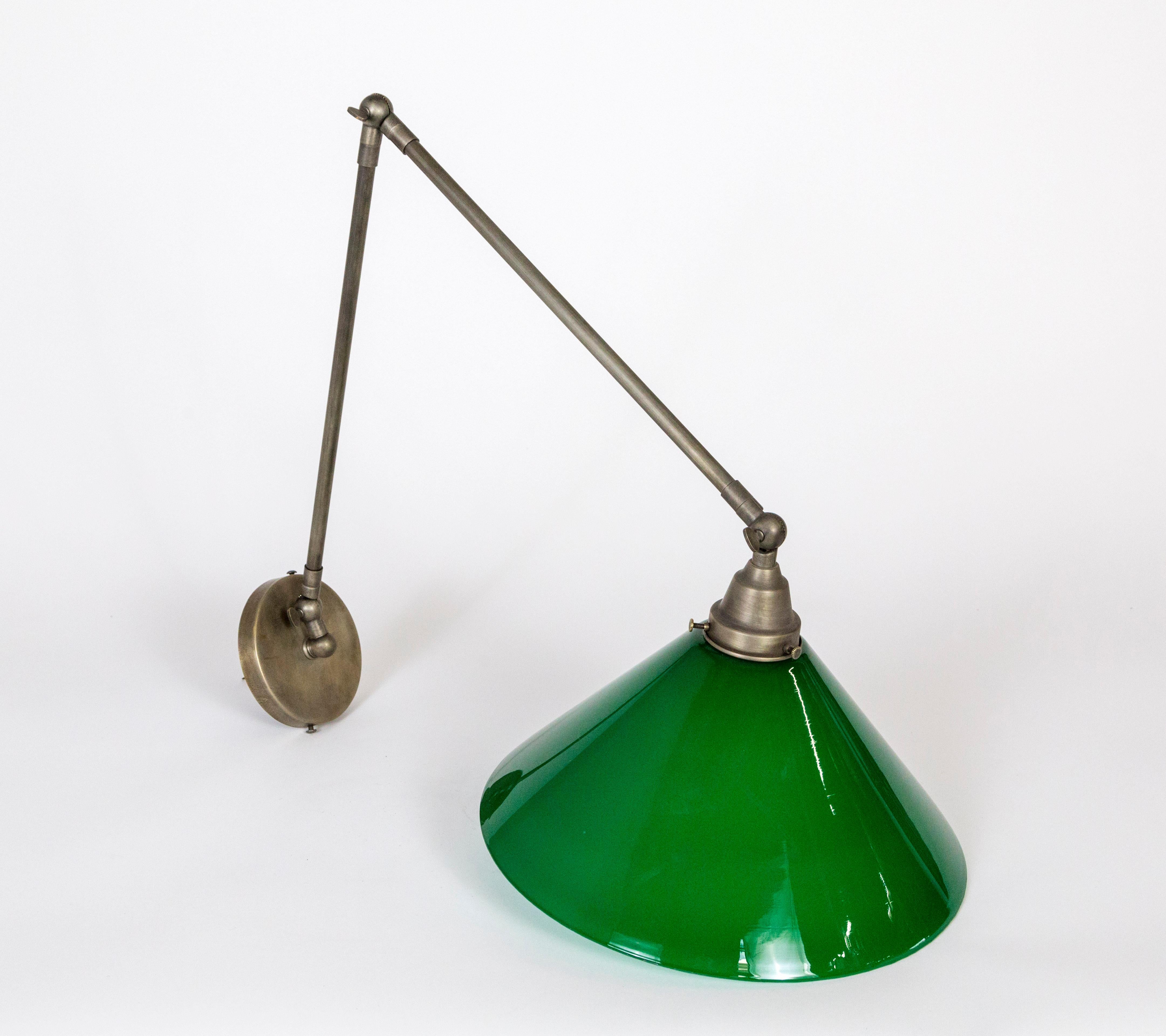 Mid-20th Century Large Long Armed Armed Sconce w/ Green Shade '2 Available'