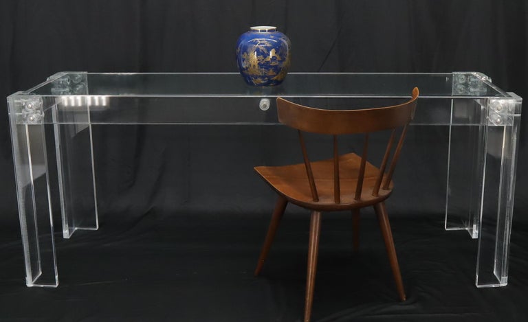 Large Long Lucite Base Glass Top Console Sofa Table For Sale 5
