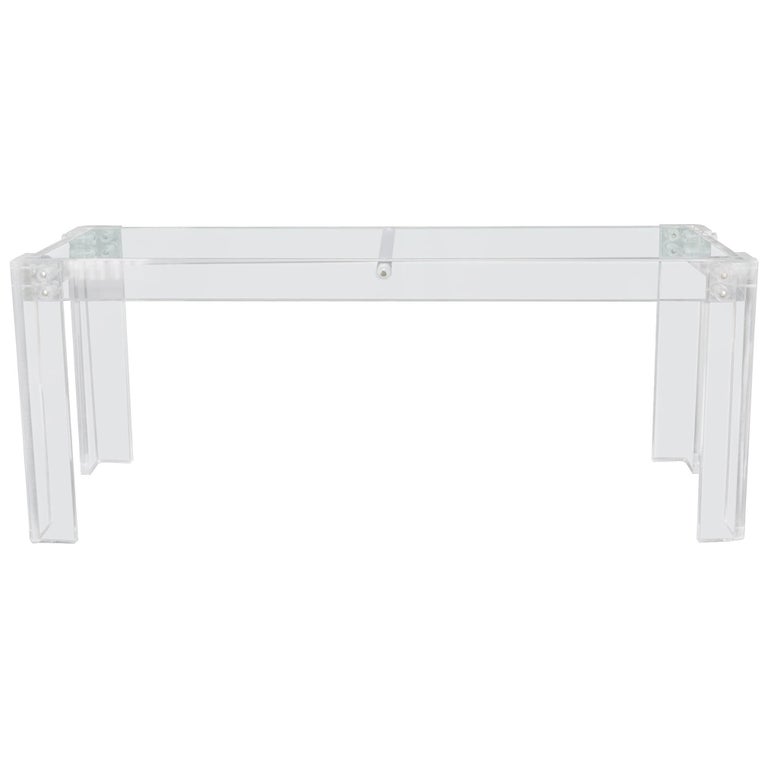 Large Long Lucite Base Glass Top Console Sofa Table For Sale