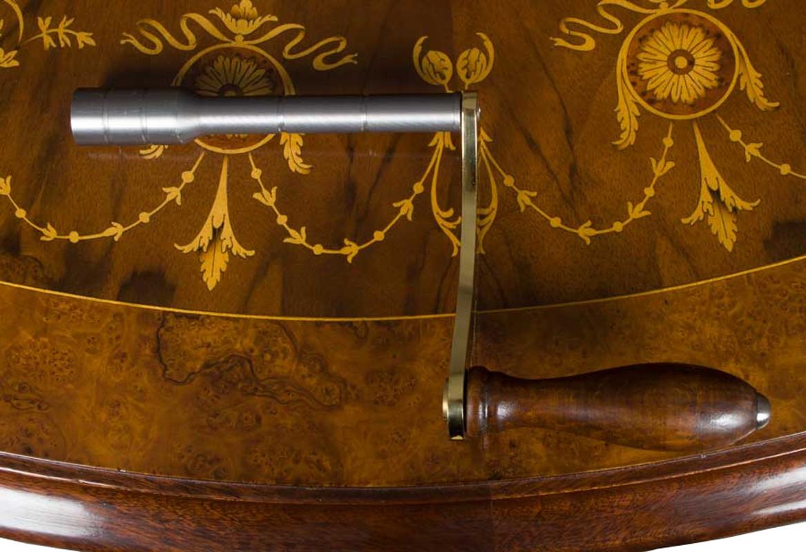 Large Long Oval Intricate Marquetry Inlaid Burl Walnut Crank Dining Room Table 3