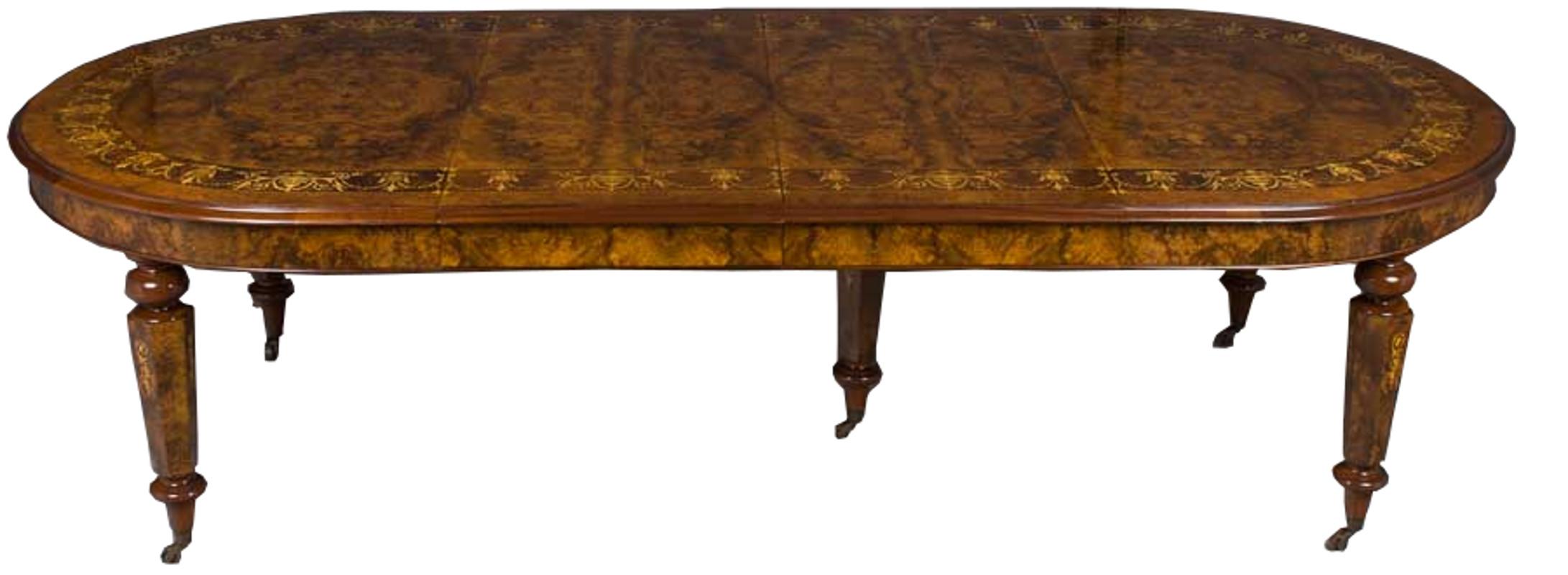 Victorian Large Long Oval Intricate Marquetry Inlaid Burl Walnut Crank Dining Room Table