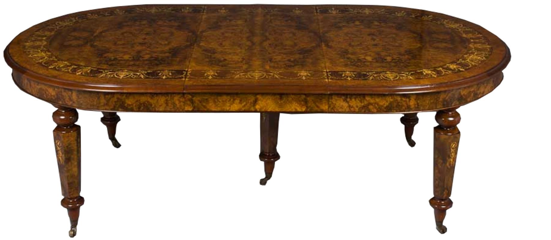 English Large Long Oval Intricate Marquetry Inlaid Burl Walnut Crank Dining Room Table