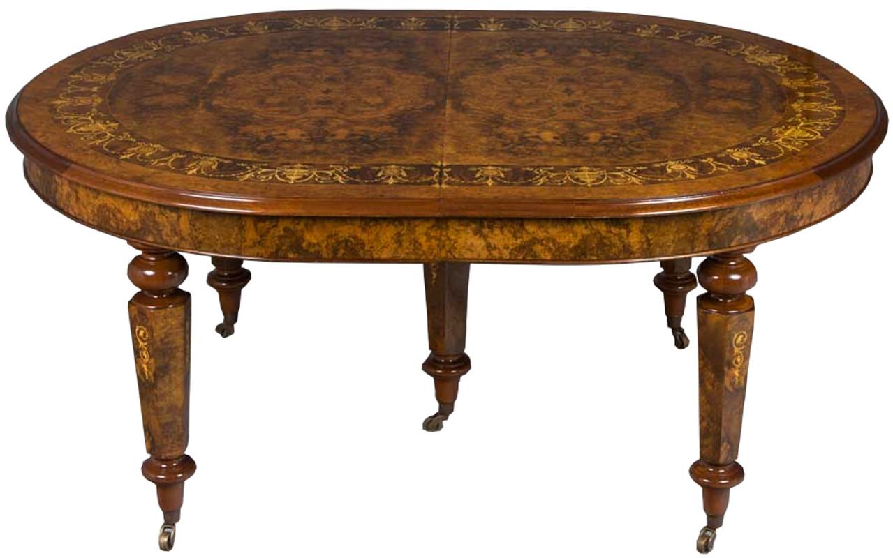 Large Long Oval Intricate Marquetry Inlaid Burl Walnut Crank Dining Room Table In New Condition In Atlanta, GA