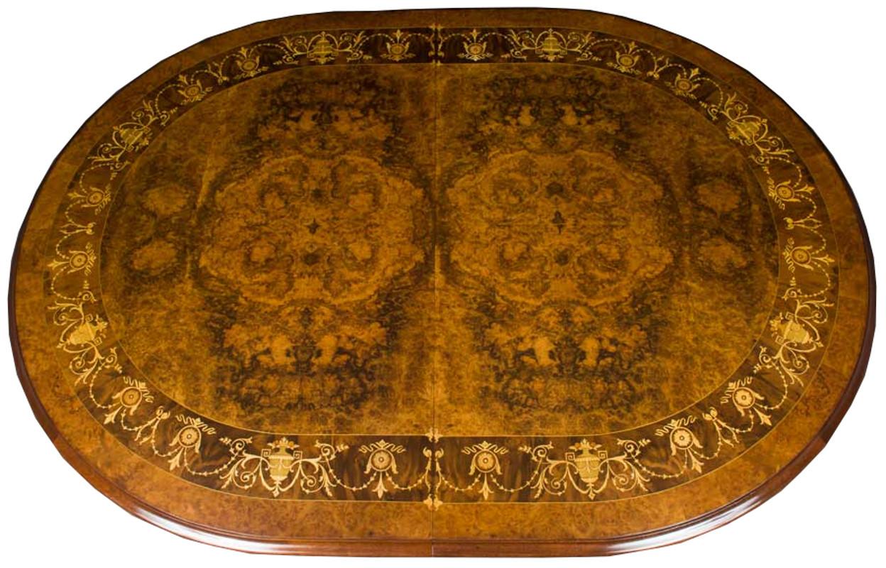 Contemporary Large Long Oval Intricate Marquetry Inlaid Burl Walnut Crank Dining Room Table