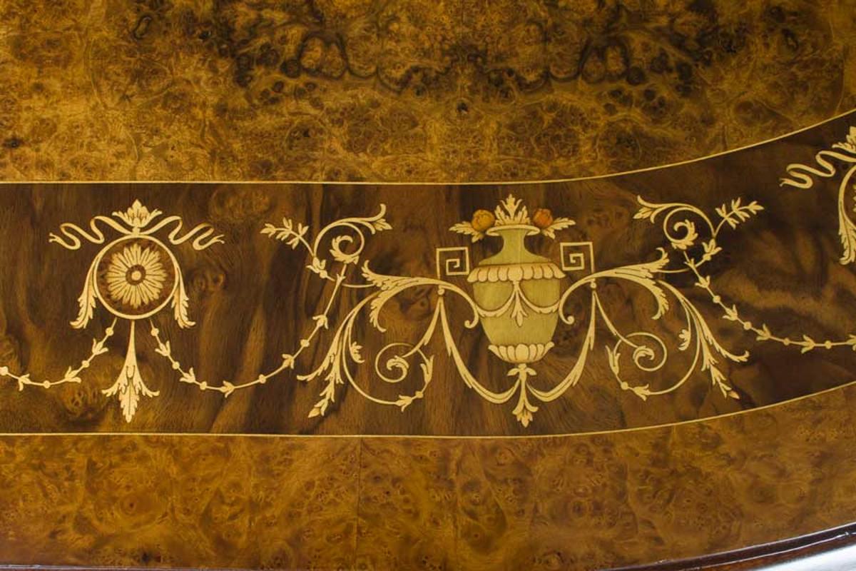 Large Long Oval Intricate Marquetry Inlaid Burl Walnut Crank Dining Room Table 1