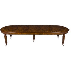 Large Long Oval Intricate Marquetry Inlaid Burl Walnut Crank Dining Room Table