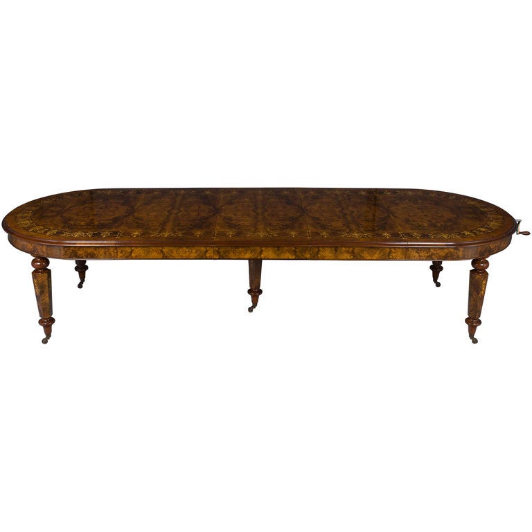 Large Long Oval Intricate Marquetry Inlaid Burl Walnut Crank Dining Room Table at 1stDibs