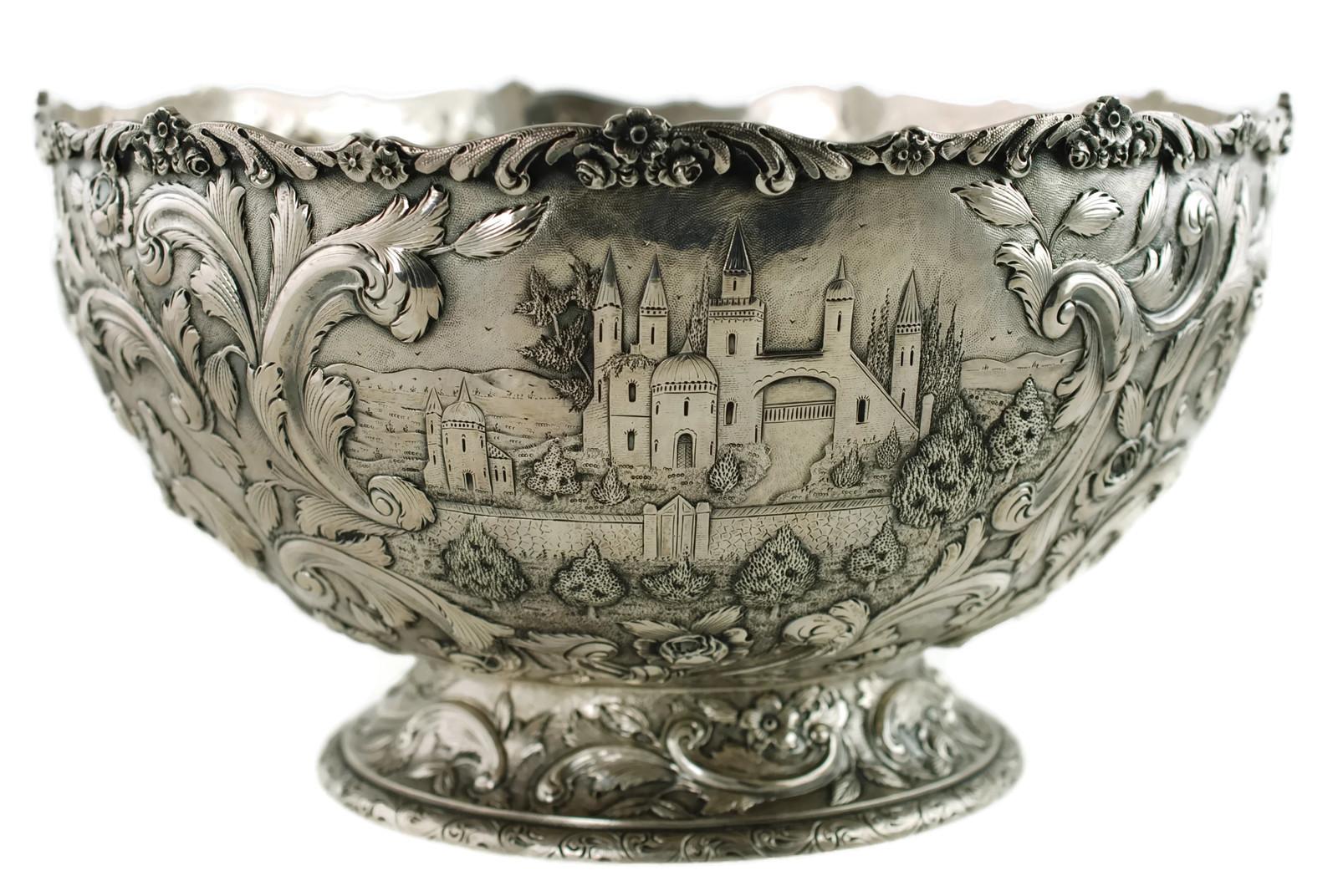 Victorian Large Loring Andrews Sterling Silver Footed Punch Bowl Repoussé Castle Pattern