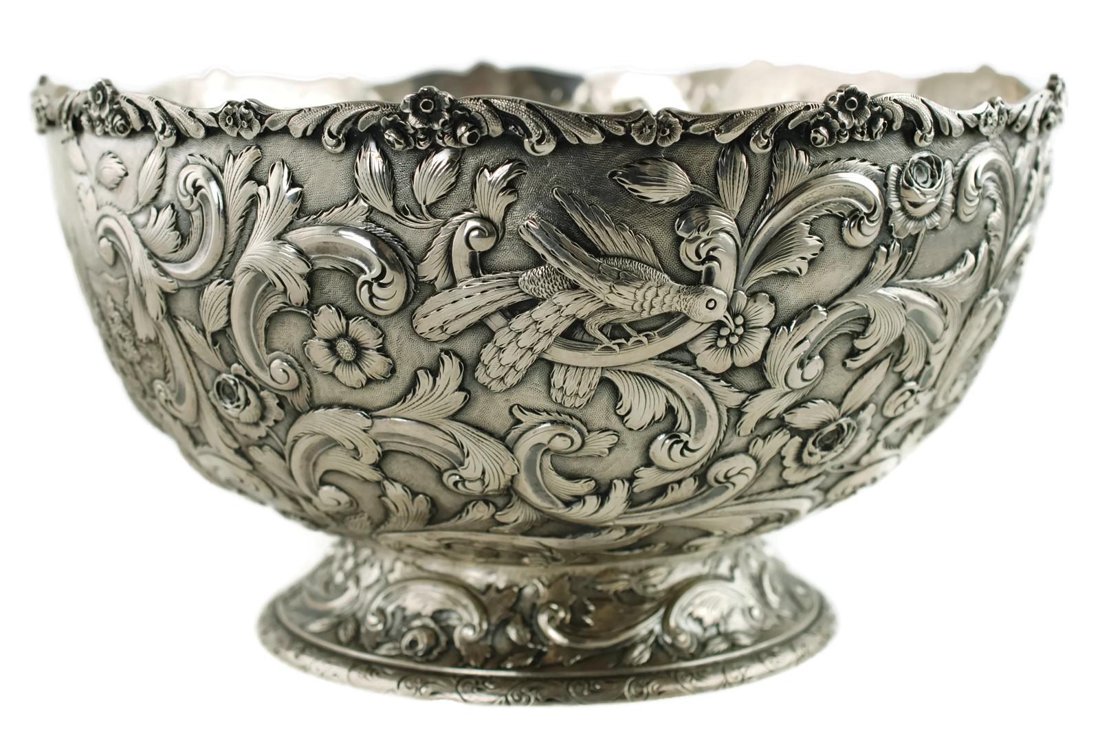 American Large Loring Andrews Sterling Silver Footed Punch Bowl Repoussé Castle Pattern