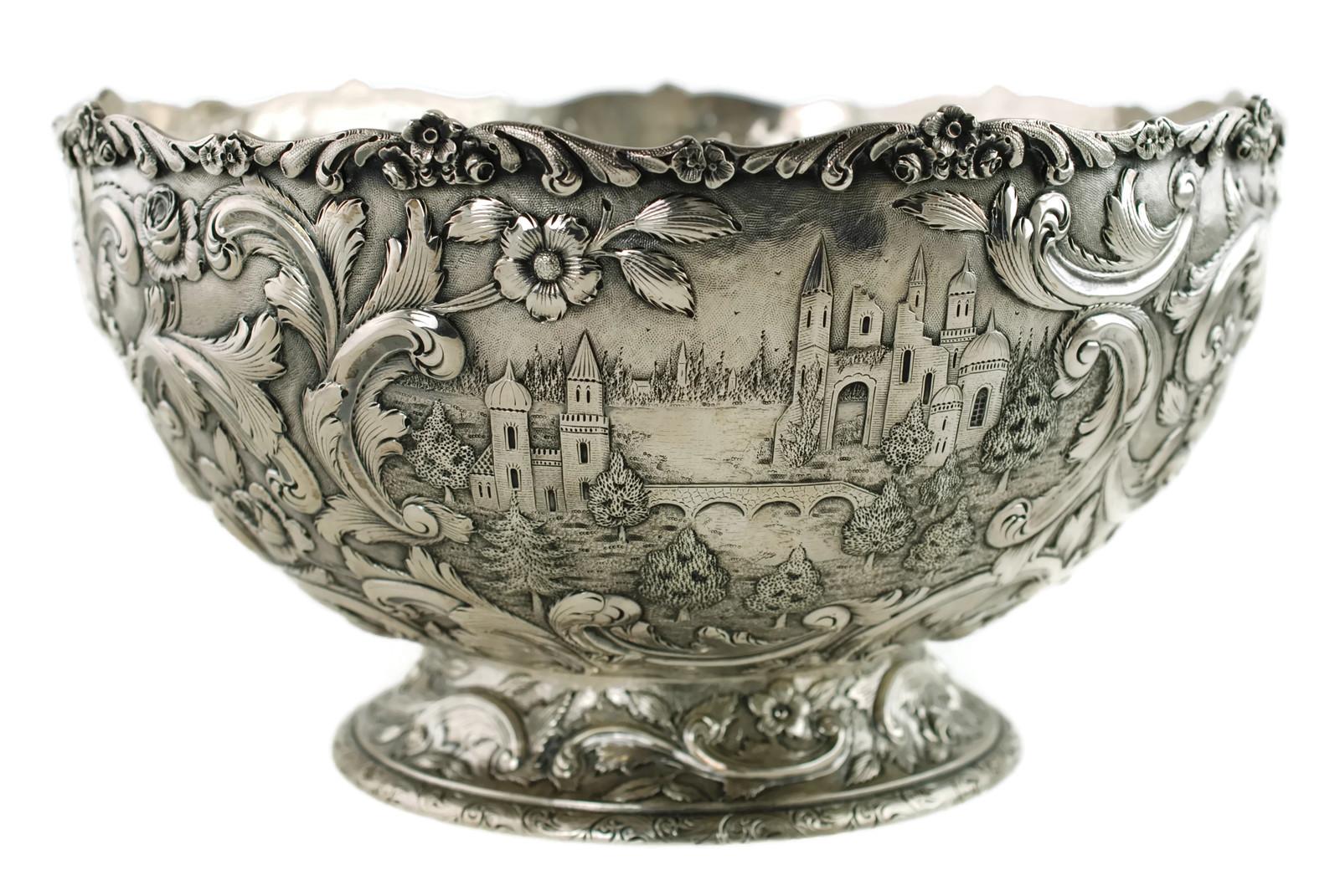 Large Loring Andrews Sterling Silver Footed Punch Bowl Repoussé Castle Pattern In Good Condition In Cincinnati, OH