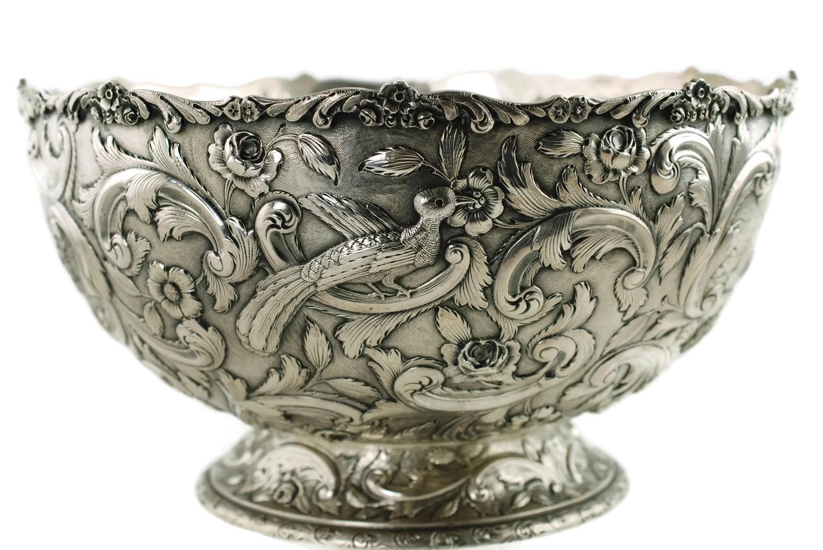 20th Century Large Loring Andrews Sterling Silver Footed Punch Bowl Repoussé Castle Pattern