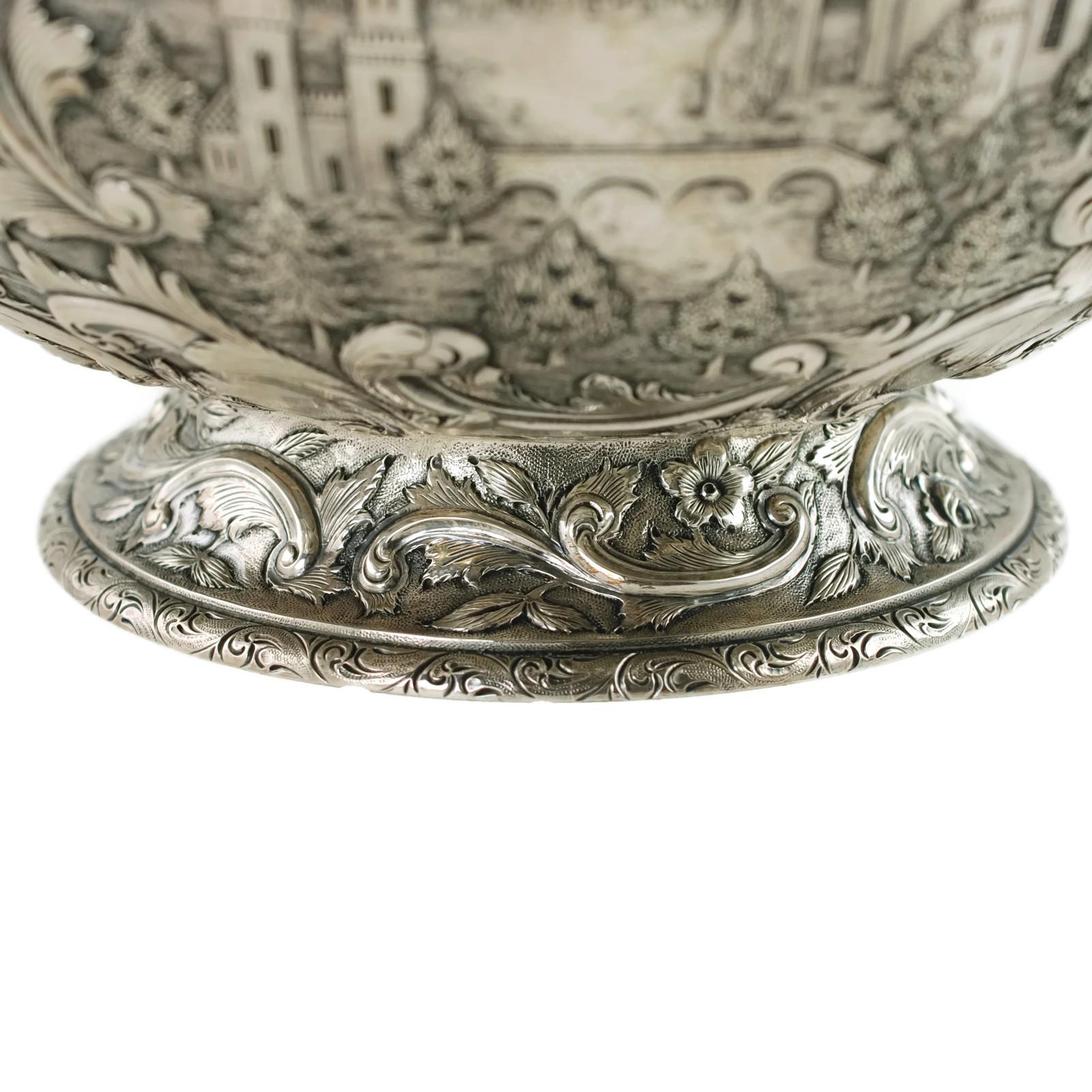 Large Loring Andrews Sterling Silver Footed Punch Bowl Repoussé Castle Pattern 1