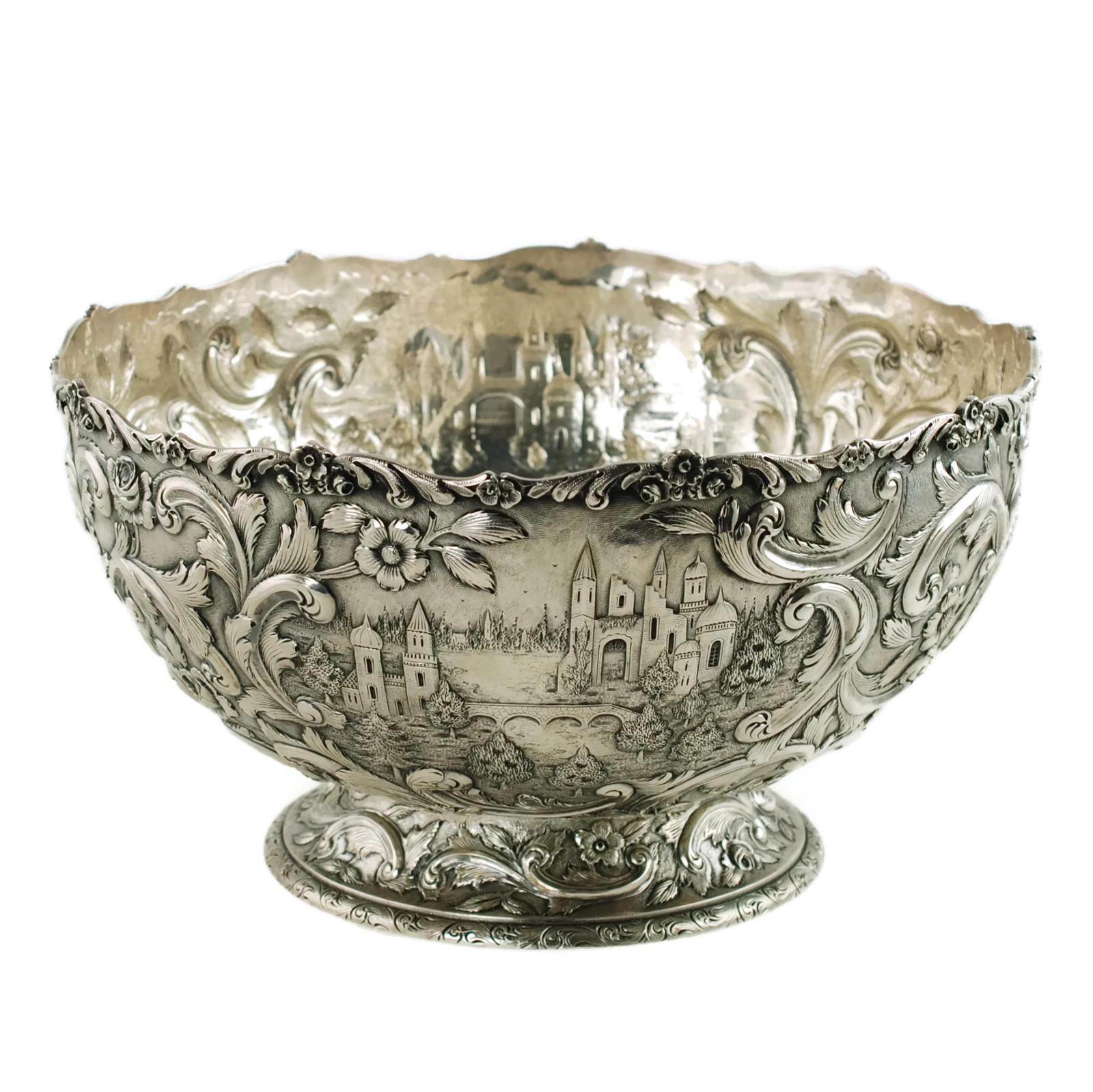 Large Loring Andrews Sterling Silver Footed Punch Bowl Repoussé Castle Pattern
