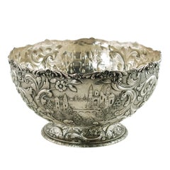 Antique Large Loring Andrews Sterling Silver Footed Punch Bowl Repoussé Castle Pattern