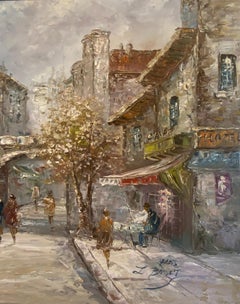 Large Louis Basset Paris Street Scene Oil Painting, Montmartre Café Landscape