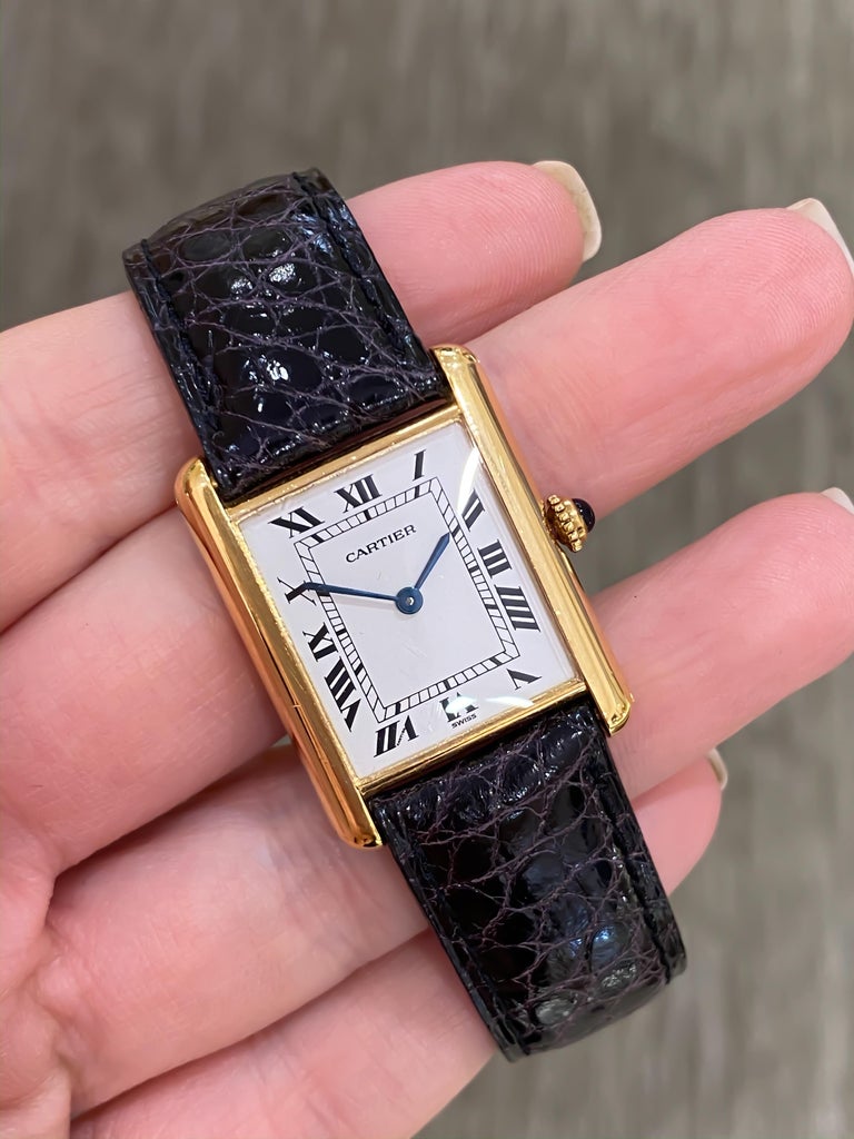 Large Louis Cartier Tank 18 Karat Yellow Gold Brown Strap Classic Quartz Watch at 1stDibs
