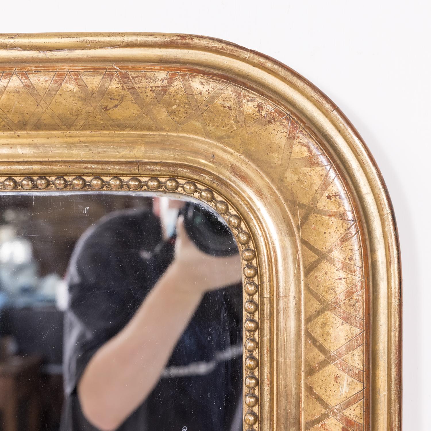 Mid-19th Century Large Louis Philippe Period Giltwood Mirror with Cross Hatch Etching
