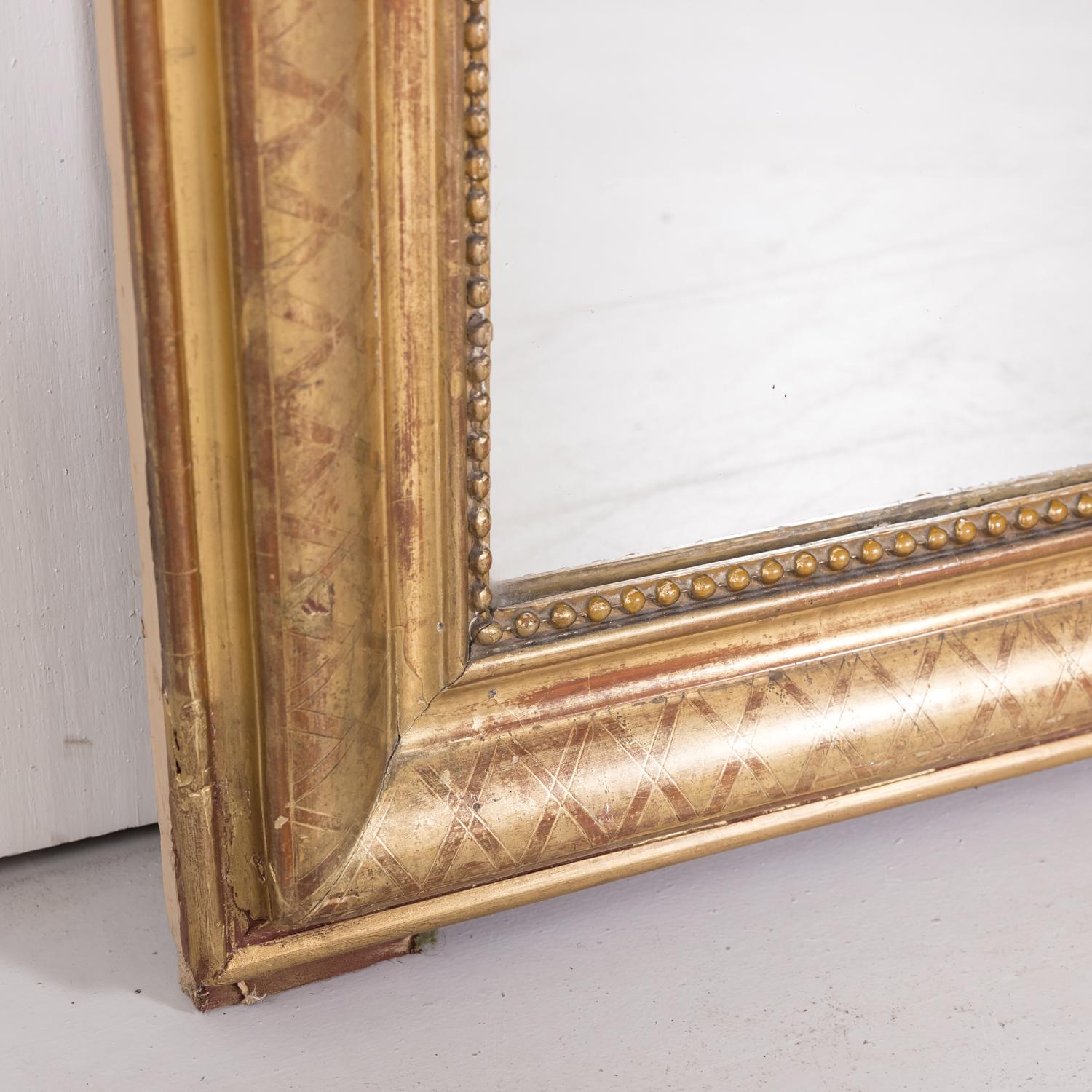 Large Louis Philippe Period Giltwood Mirror with Cross Hatch Etching 1