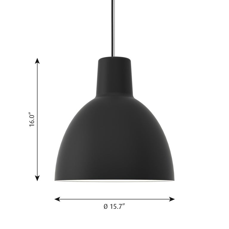 Large Louis Poulsen Toldbod 15.7 metal pendant in white. The Toldbod Pendant was launched in the 1980s, and like the other Toldbod products, has a design based on the PH Ellipse reflector. The design is very precise, making the light suitable for a