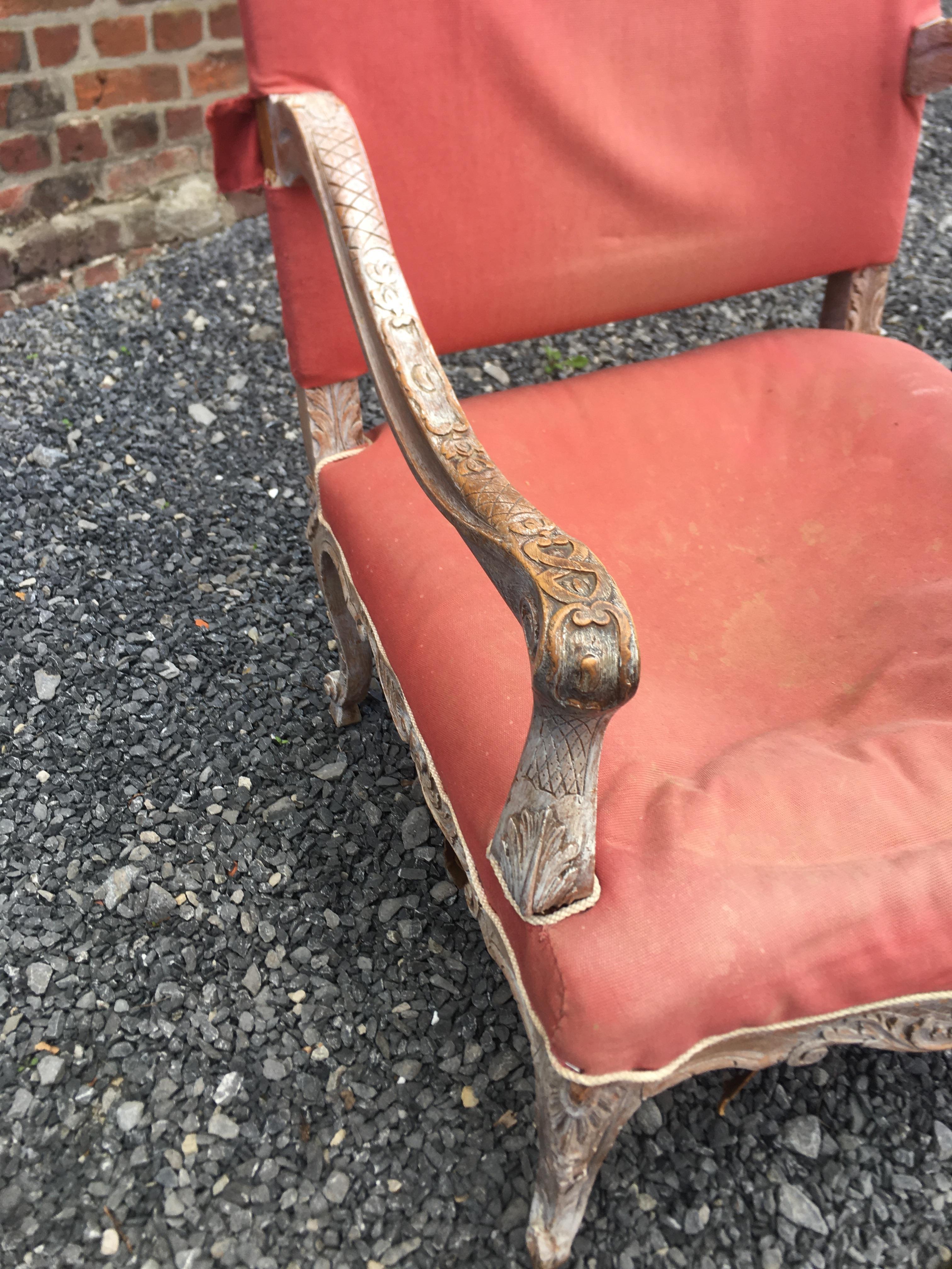 Patinated Large Louis XIV, Regency, Style Armchair, 19th Century, to be Restored For Sale