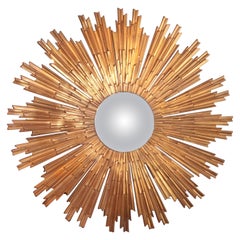 Grand miroir Sunburst de style Louis XIV en bronze doré avec miroir convexe